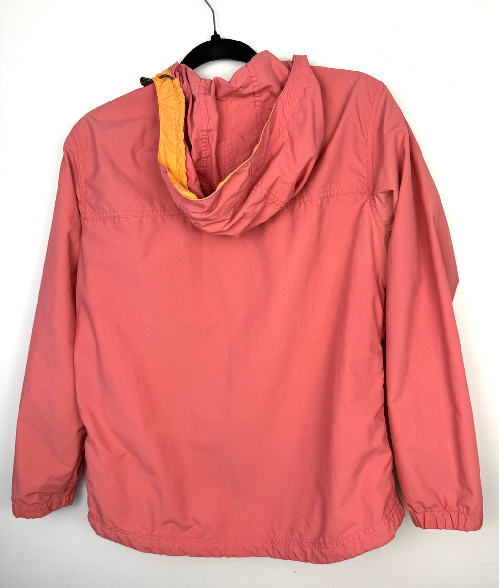 back of LL Bean anorak jacket in coral and orange on hanger