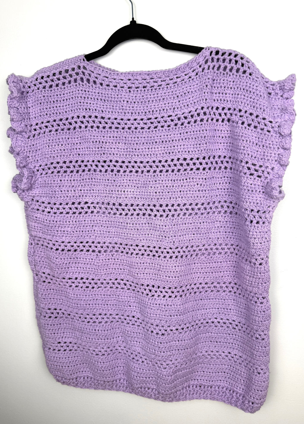 back of Lavender coloured Handmade Crochet Top | Flutter Sleeve at Blue Sparrow Shop