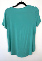 back of Leave Nothing But Footprints Bamboo Tee | Size M in tiffany blue  on hanger