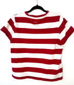back of Liz Golf 95% Cotton Bold Stripe Crew Neck Tee — Red and White | Athletic Casual | Size XL at Blue Sparrow Shop on hanger