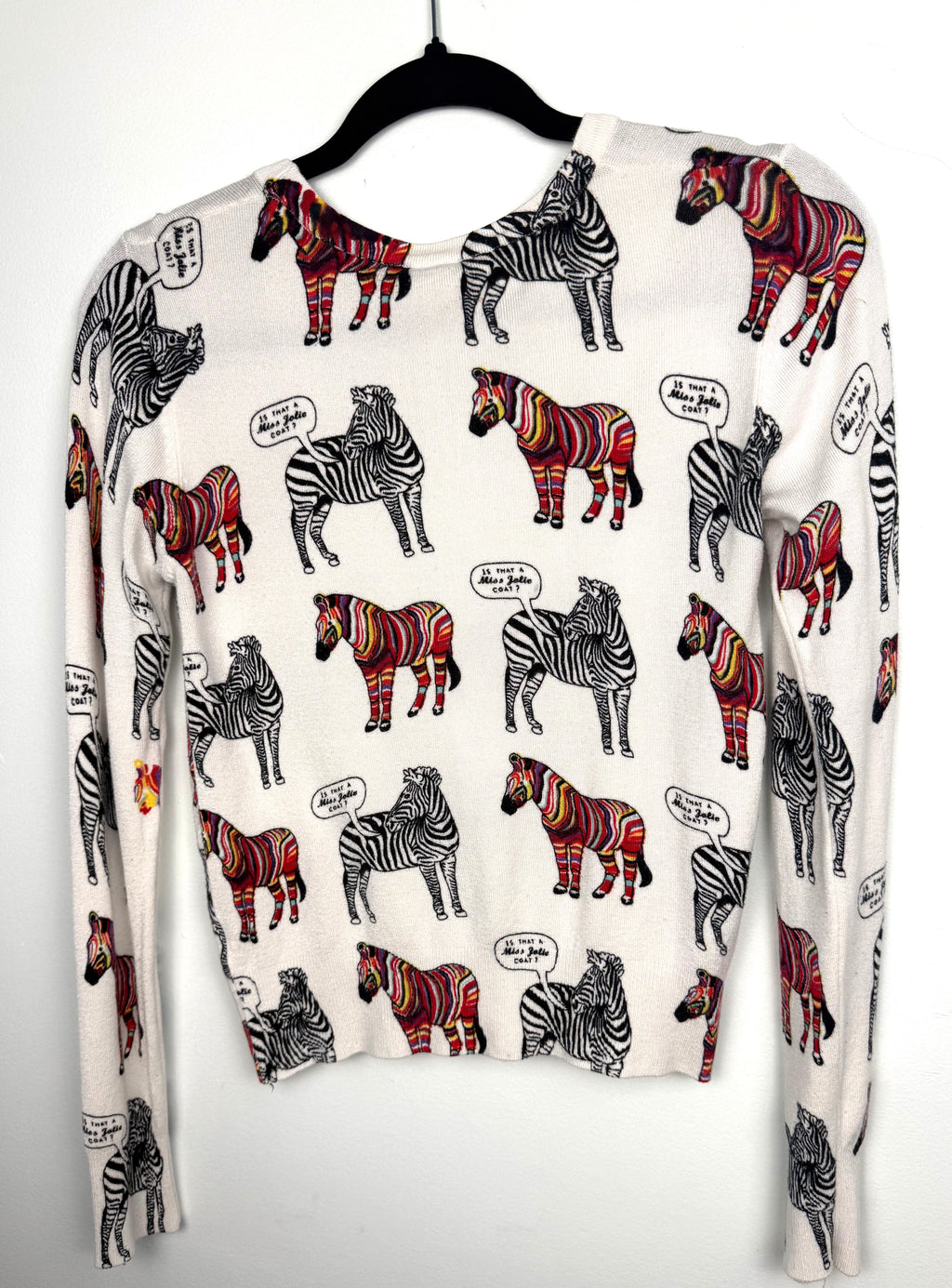 back of Lora Febian Novelty Zebra Print V-Neck Cardigan — Collector's Piece | Size S at Blue Sparrow Shop