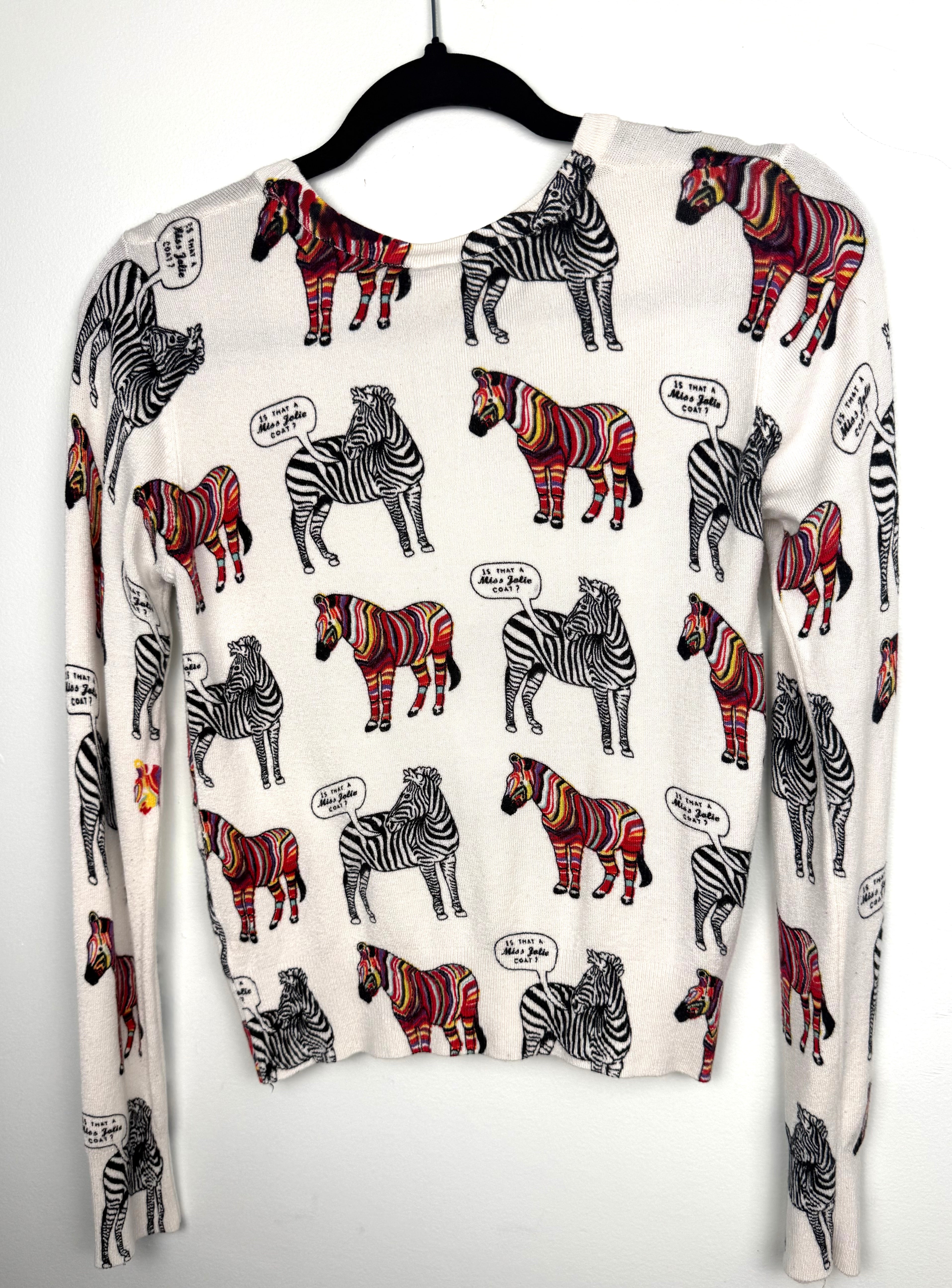 back of Lora Febian Novelty Zebra Print V-Neck Cardigan — Collector's Piece | Size S at Blue Sparrow Shop