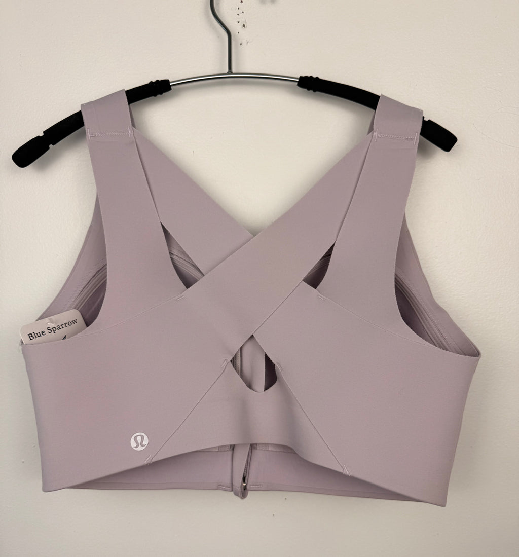 back of Lululemon Energy Zip-Front High-Support Sports Bra | Size 36DD on hanger
