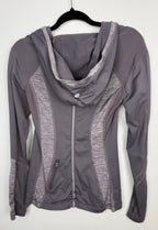 back of Lululemon grey  zip-up cowl hoodie running jacket back view size 6 thumbhole athletic jacket — Blue Sparrow pre-loved activewear