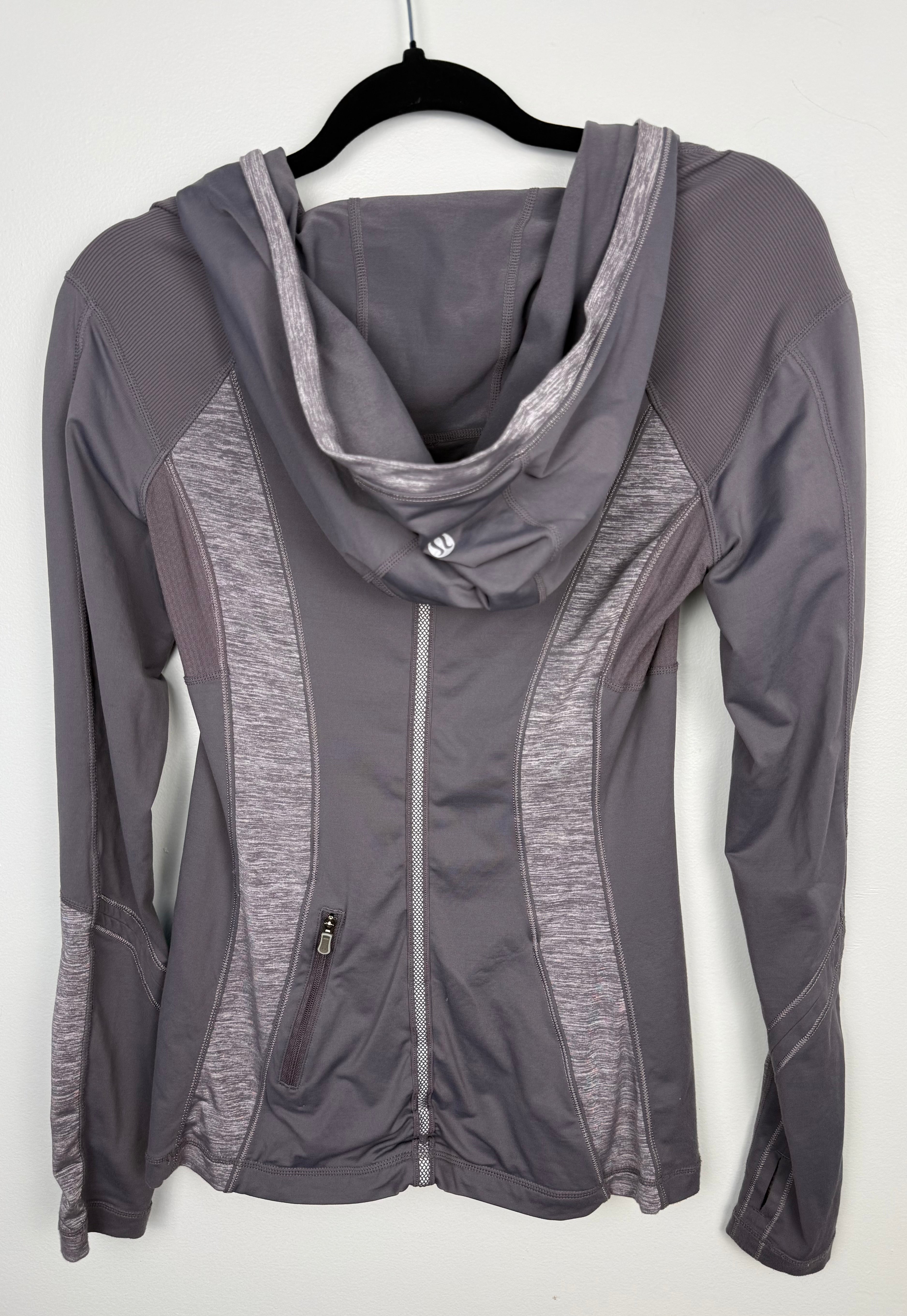 back of Lululemon grey  zip-up cowl hoodie running jacket back view size 6 thumbhole athletic jacket — Blue Sparrow pre-loved activewear