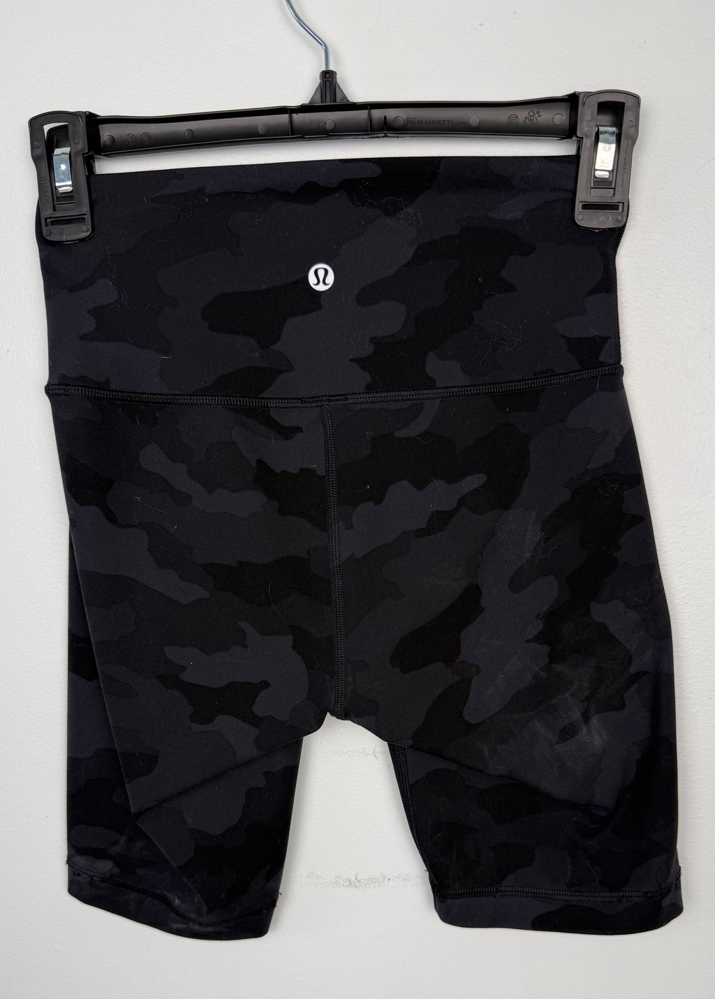 back of Lululemon shorts grey on black camo pattern at Blue Sparrow Shop