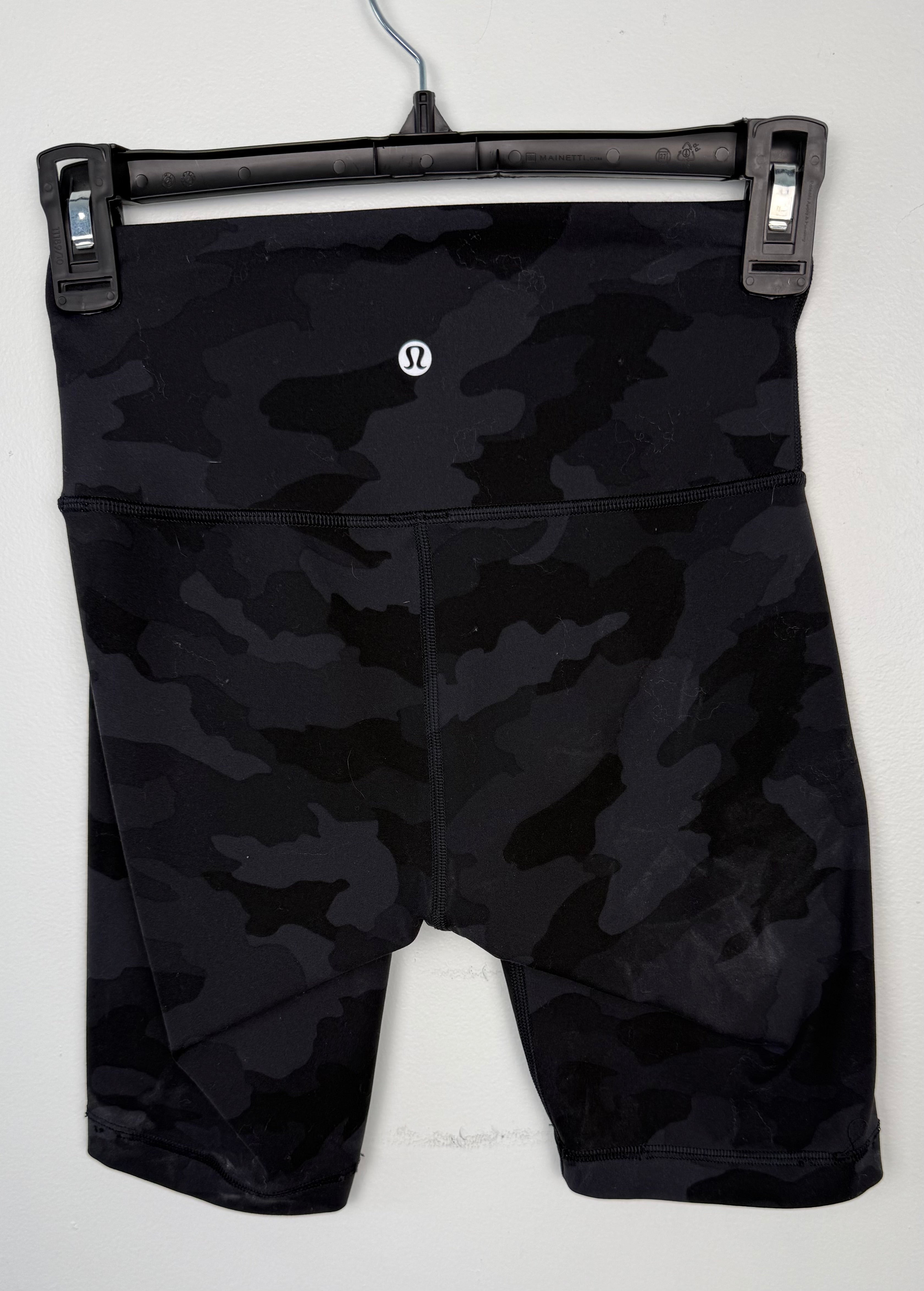 back of Lululemon shorts grey on black camo pattern at Blue Sparrow Shop