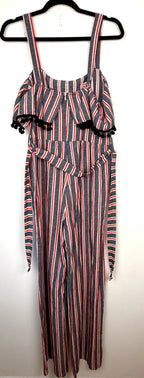 back of Made in Italy Cotton Linen Stripe Wide-Leg Jumpsuit — Denim Blue, Red & White | Pom-Pom Trim | Size M at Blue Sparrow Shop  on hanger