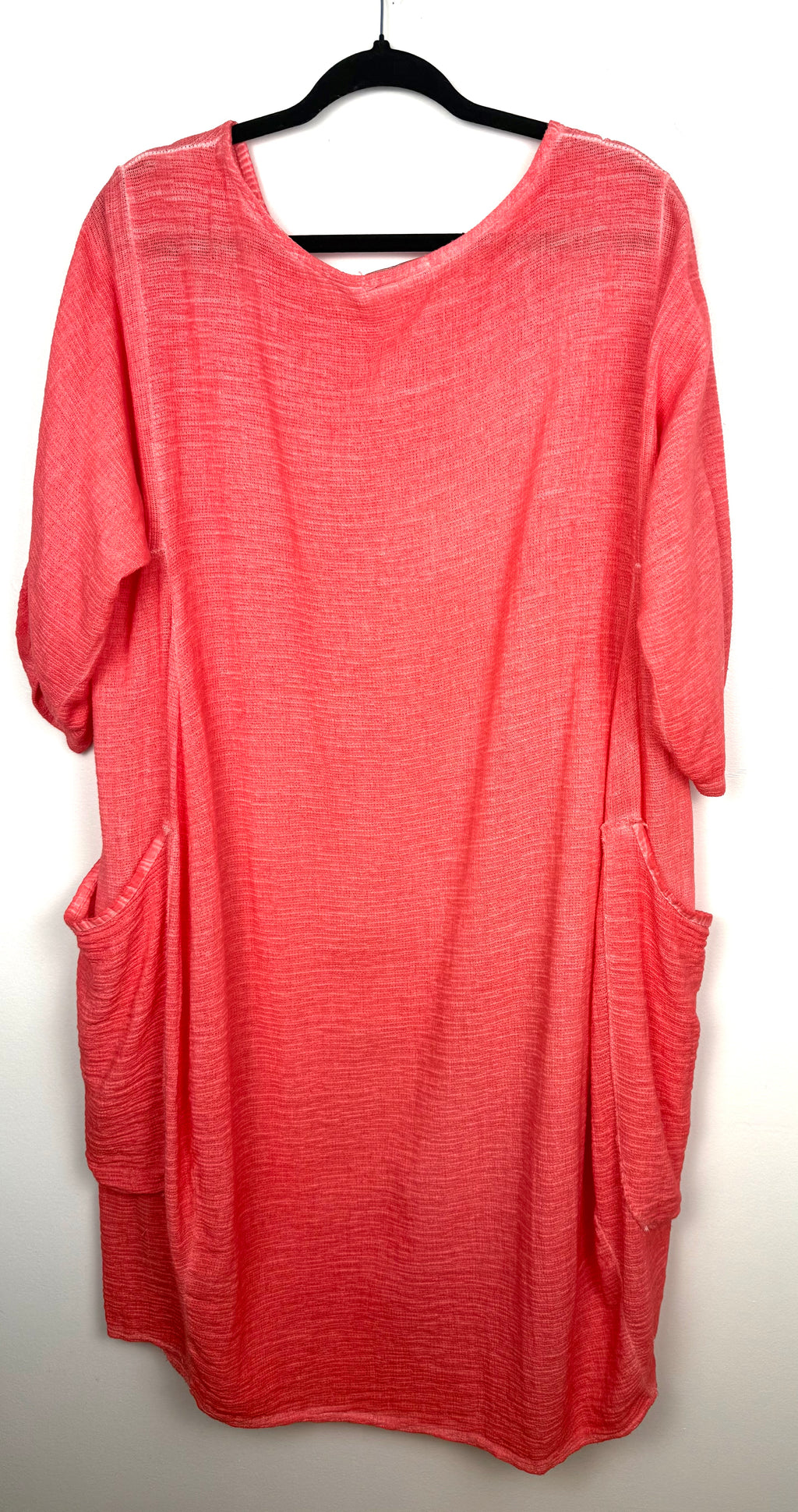 back of Made in Italy Linen Cotton Washed Coral Tunic Dress — Roll-Tab Sleeves, Patch Pockets | One Size Large at Blue Sparrow Shop Resale Reimagined 