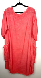 back of Made in Italy Linen Cotton Washed Coral Tunic Dress — Roll-Tab Sleeves, Patch Pockets | One Size Large at Blue Sparrow Shop Resale Reimagined 