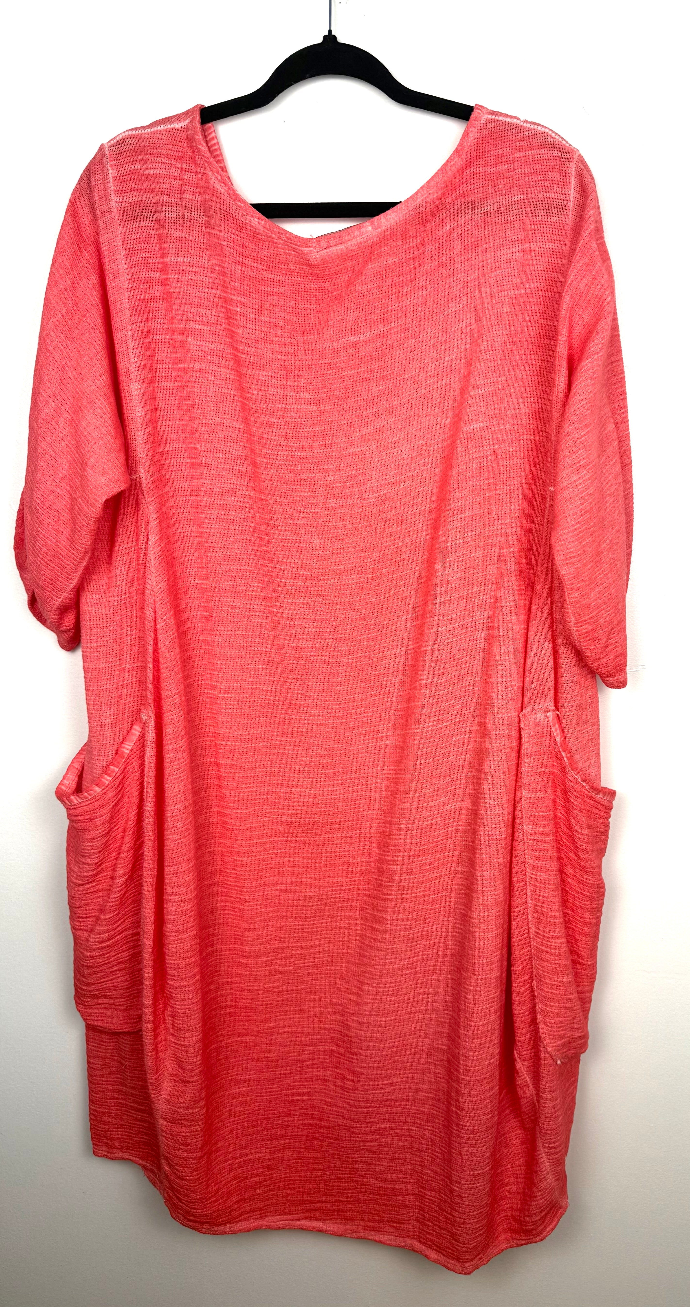 back of Made in Italy Linen Cotton Washed Coral Tunic Dress — Roll-Tab Sleeves, Patch Pockets | One Size Large at Blue Sparrow Shop Resale Reimagined 