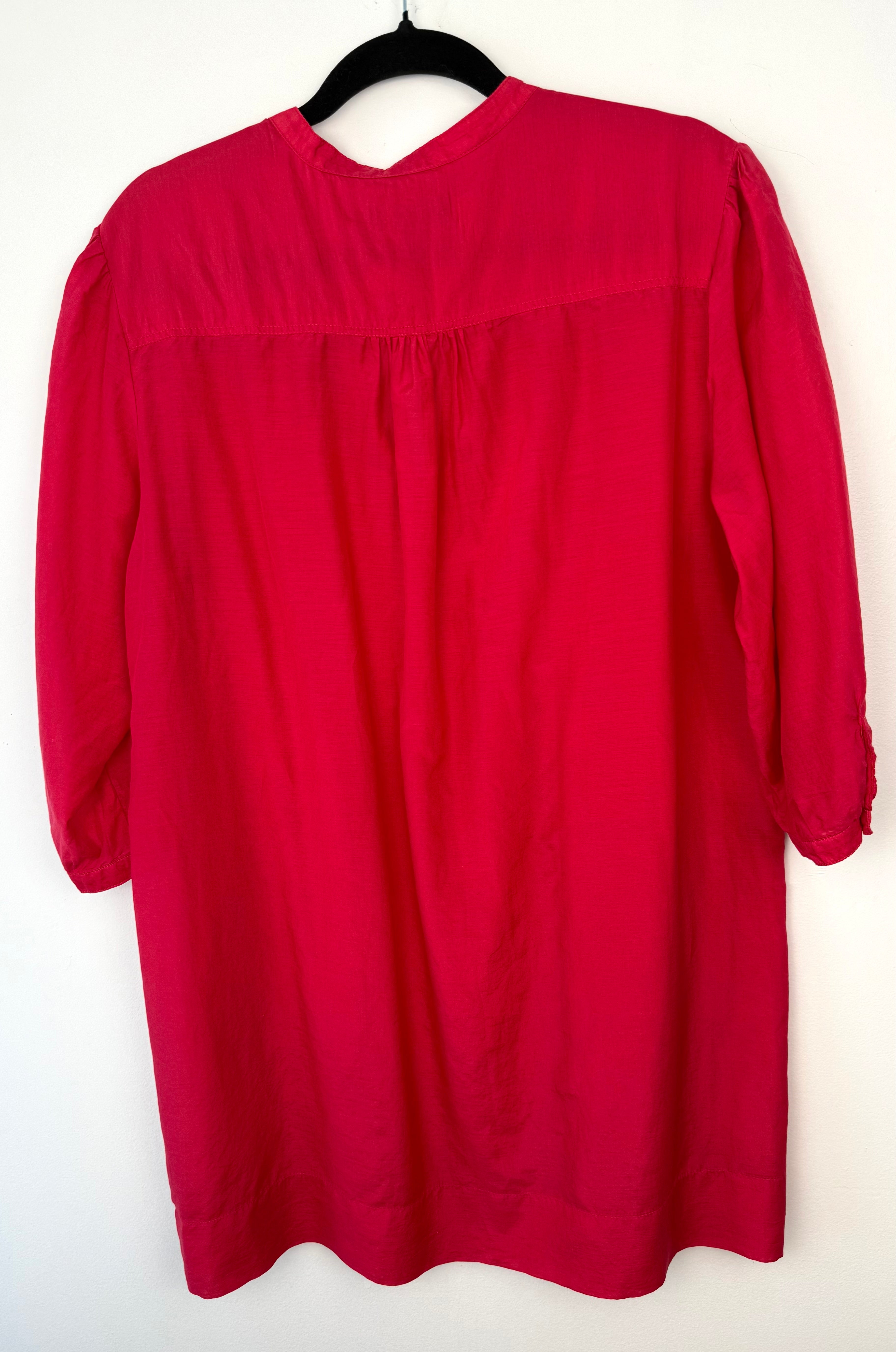 back of Marks & Spencer Autograph Cotton Silk Pintuck Tunic — Cyclamen Pink | 3/4 Sleeve | UK 20 (CDN 2X/18-20) at Blue Sparrow Shop  on hanger
