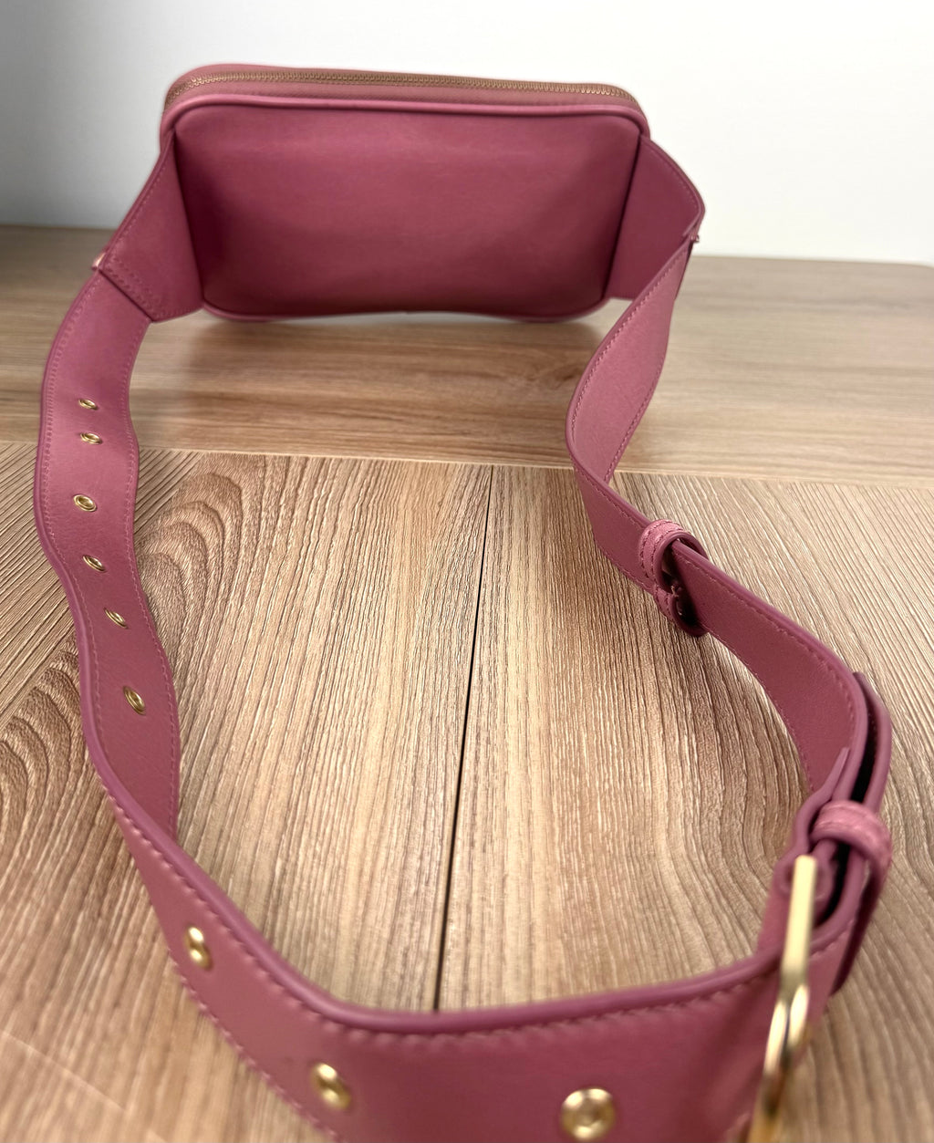 back of Matt & Nat Pink Belt Bag | Vegan Leather Crossbody Sling showing long body strap