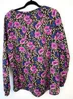 back of Mexx 100% Cotton Floral Leopard Mixed Print Blouse — Purple, Violet and Black | Peasant Style | Size L (US 14) at Blue Sparrow Shop on hanger