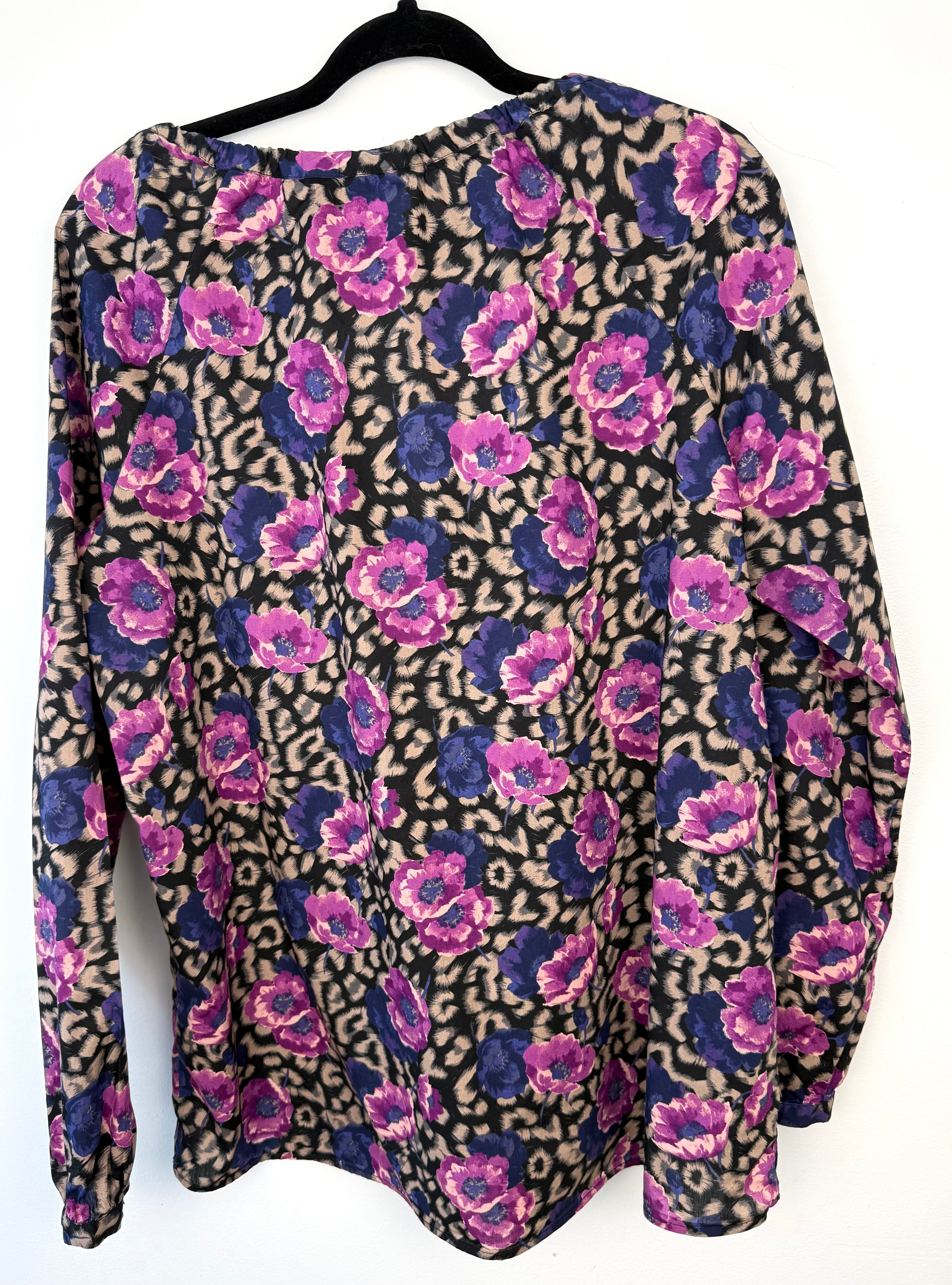 back of Mexx 100% Cotton Floral Leopard Mixed Print Blouse — Purple, Violet and Black | Peasant Style | Size L (US 14) at Blue Sparrow Shop on hanger
