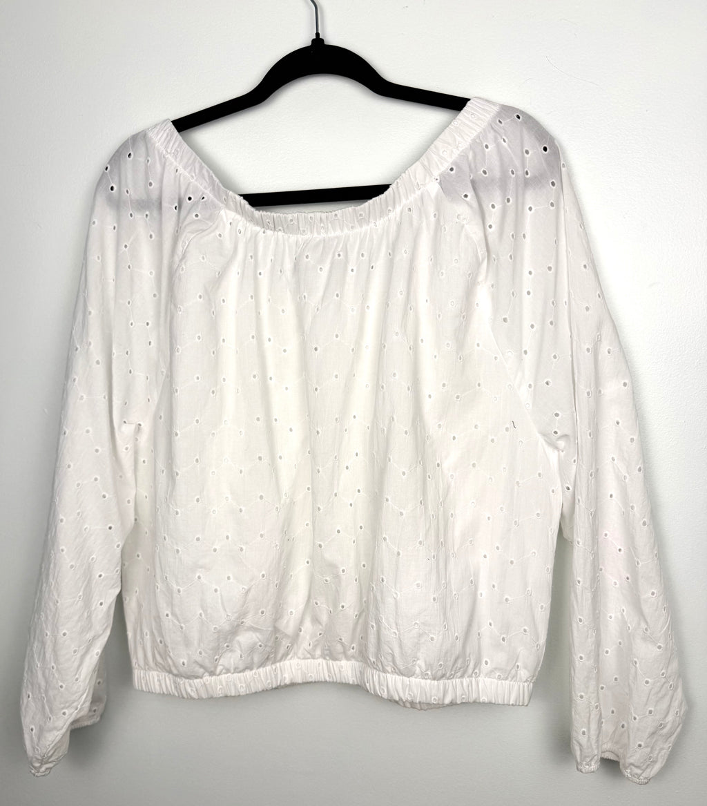 back of Mexx White 100% Cotton Eyelet Off-Shoulder Top on hanger