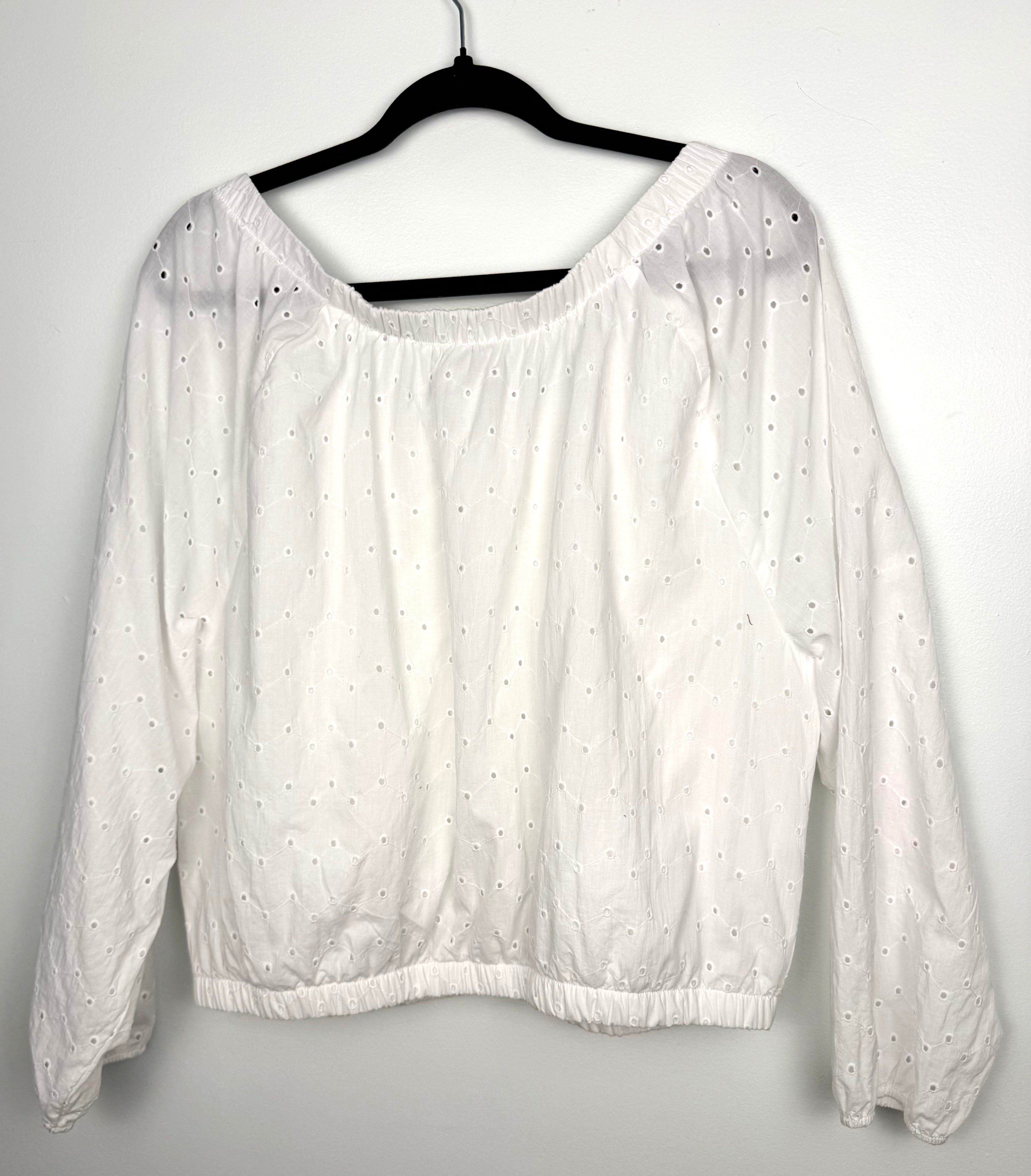 back of Mexx White 100% Cotton Eyelet Off-Shoulder Top on hanger
