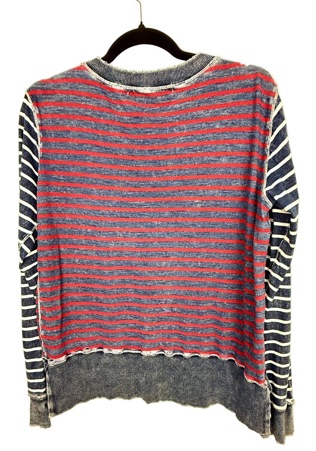 back of Michael Stars Intentionally Distressed Cotton Sweatshirt on hanger