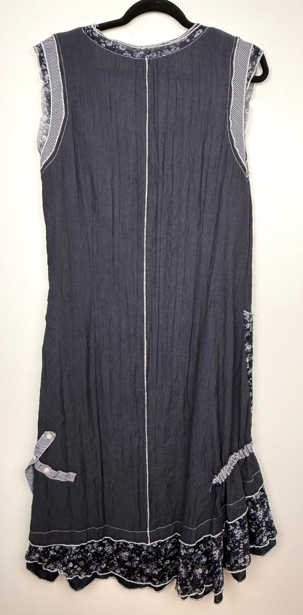 back of Mixed Fabric Patchwork Navy Artisan Dress | Size L at Blue Sparrow Shop