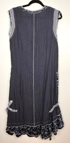 back of Mixed Fabric Patchwork Navy Artisan Dress | Size L at Blue Sparrow Shop