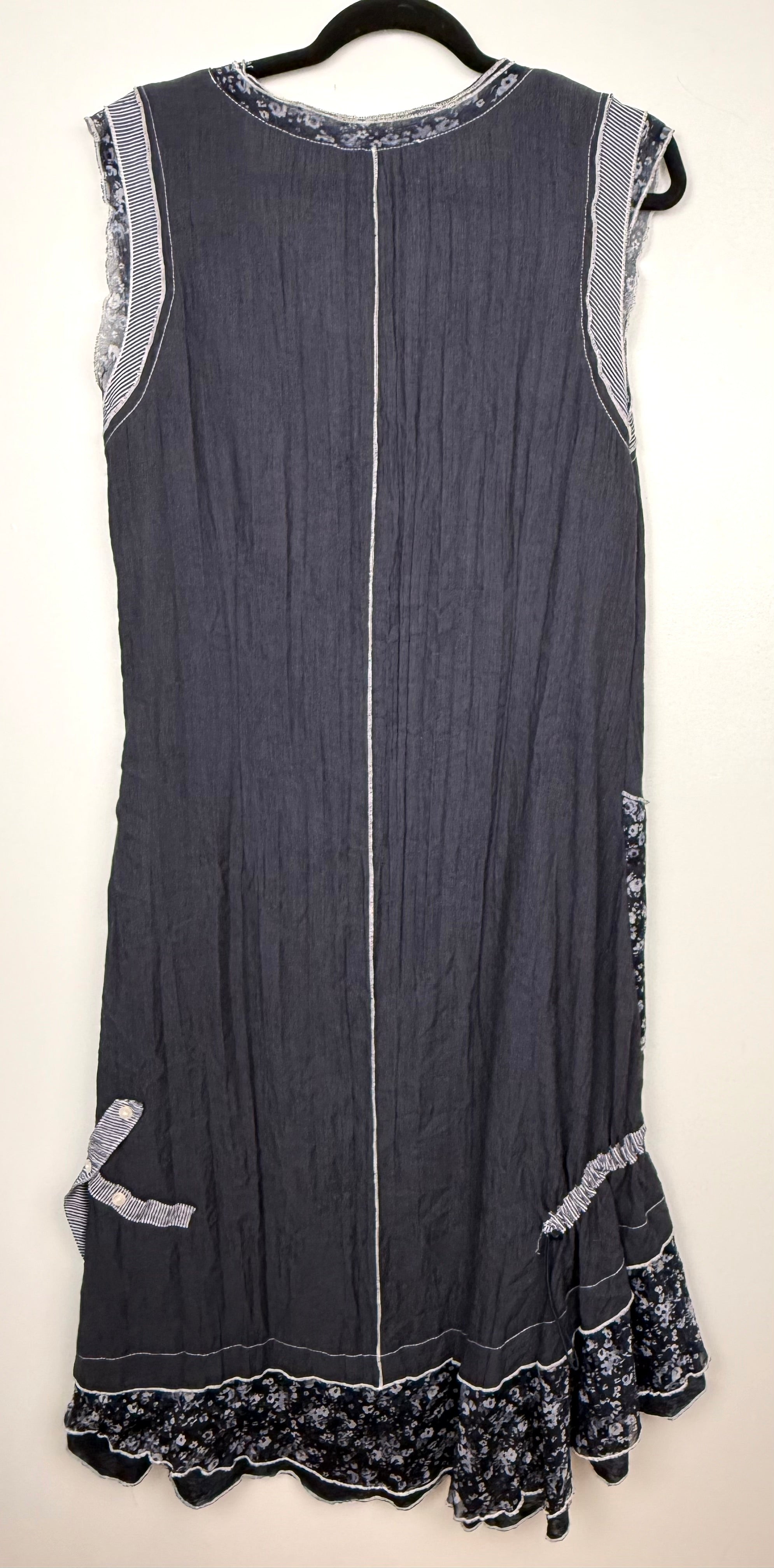back of Mixed Fabric Patchwork Navy Artisan Dress | Size L at Blue Sparrow Shop