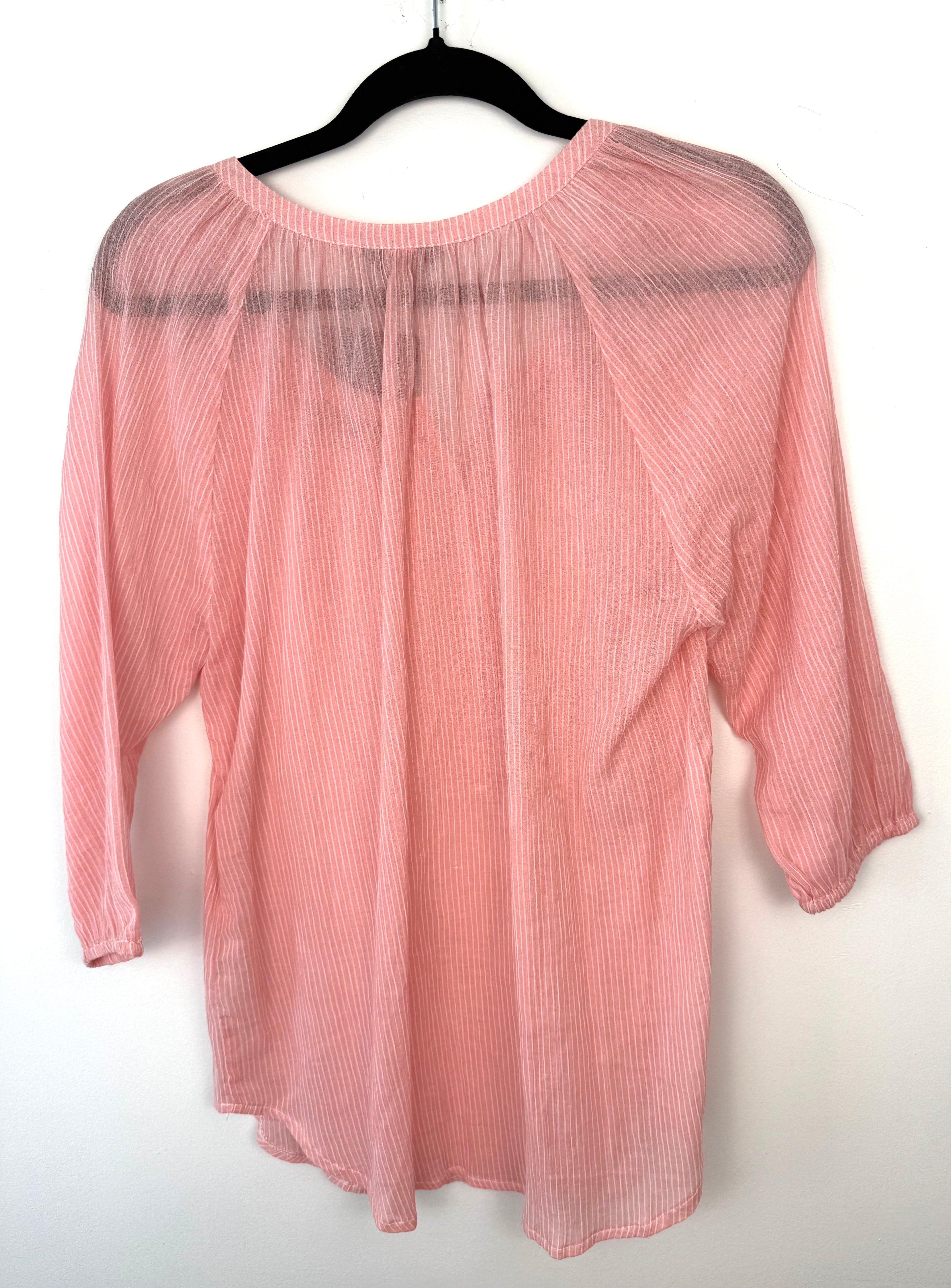 back of NWT Denver Hayes 100% Cotton Pink Stripe Peasant Blouse — Gathered Neck | 3/4 Sleeve | Size S at Blue Sparrow Shop on hanger