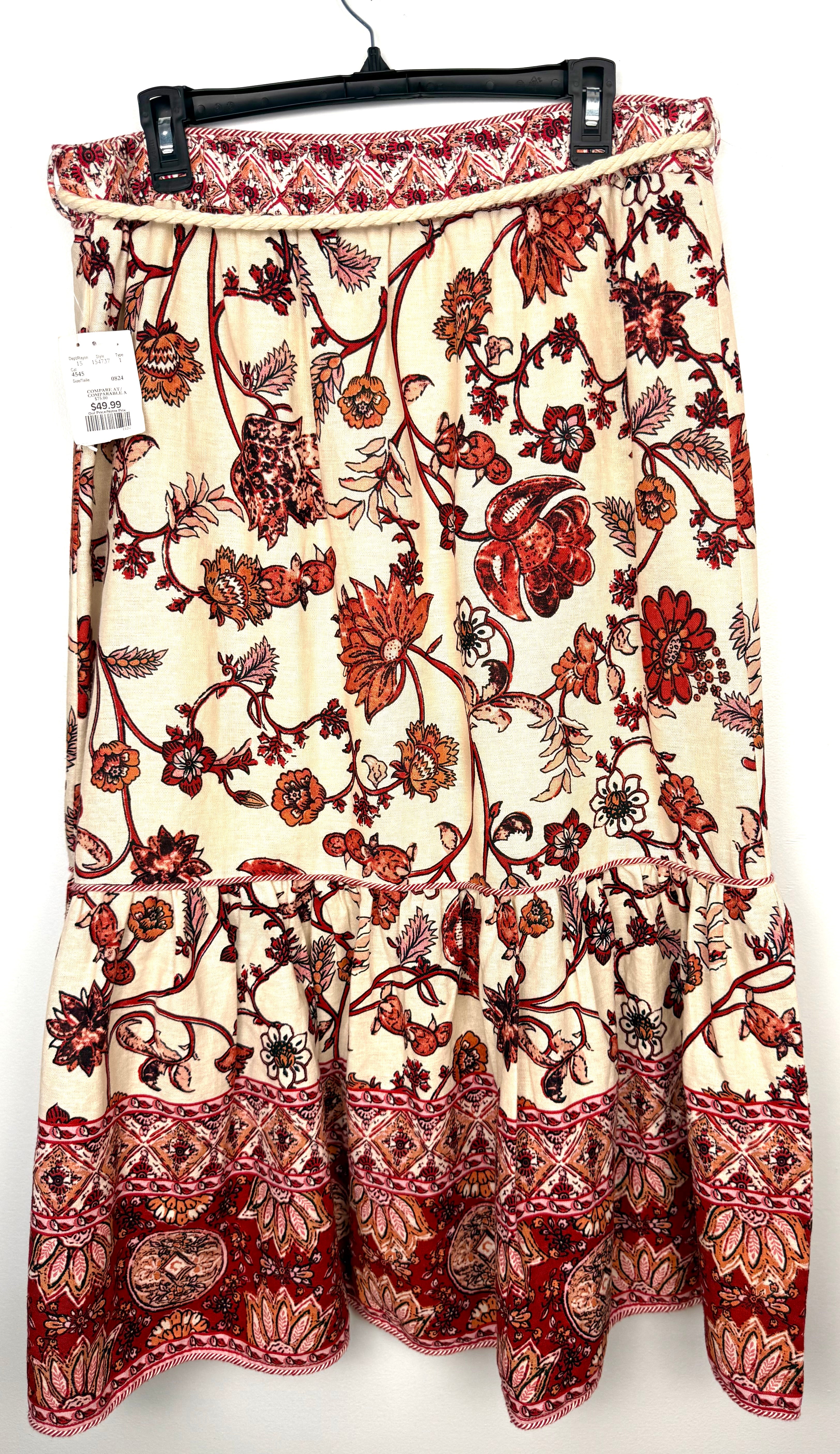 back of NWT House of Harlow 1960 — 55% Linen Cream Rust Floral Midi Skirt, Size L at Blue Sparrow Shop