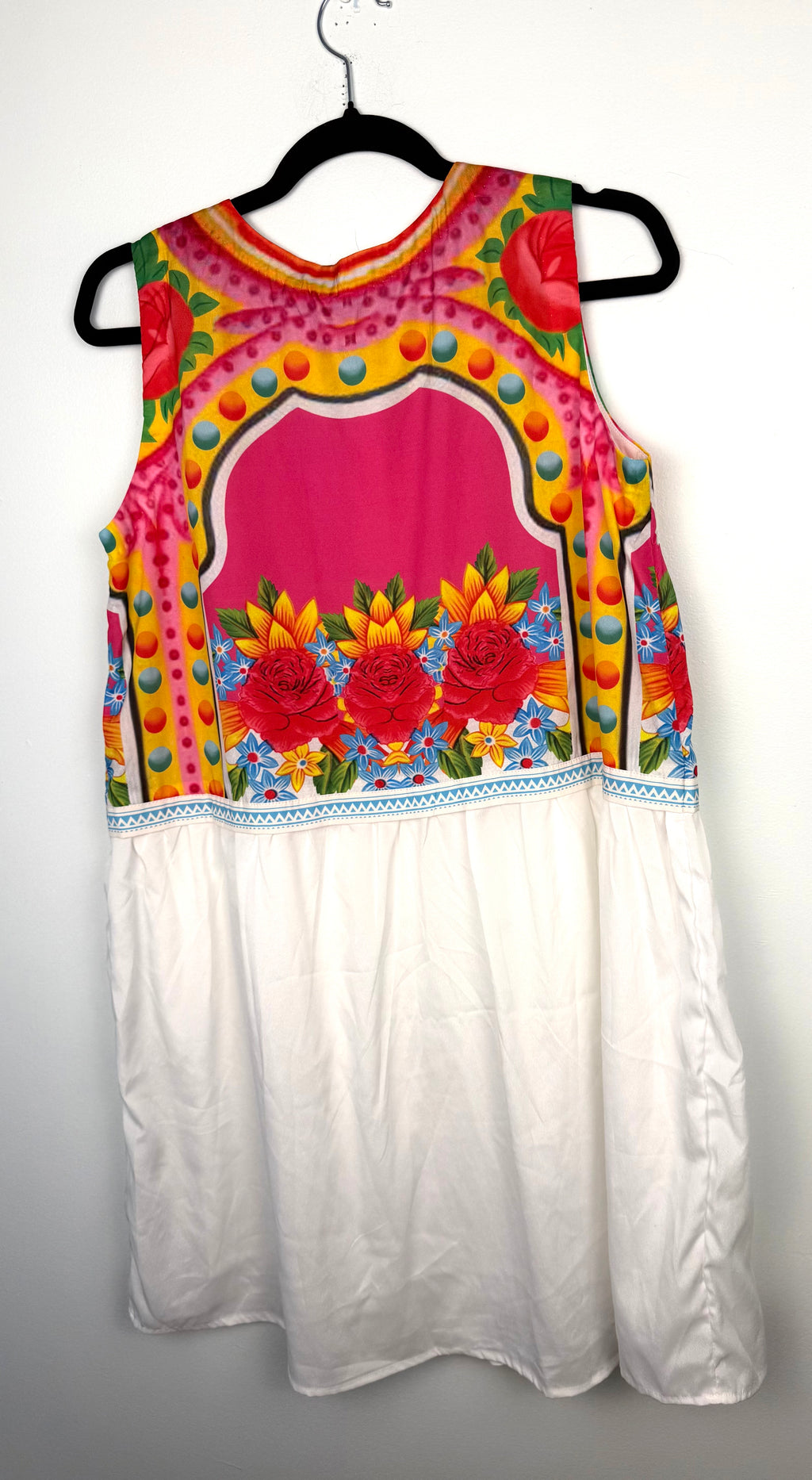 back of NWT Khaadi Colourful Floral Sleeveless Dress | Statement Summer Dress | Size M at Blue Sparrow Shop on hanger 