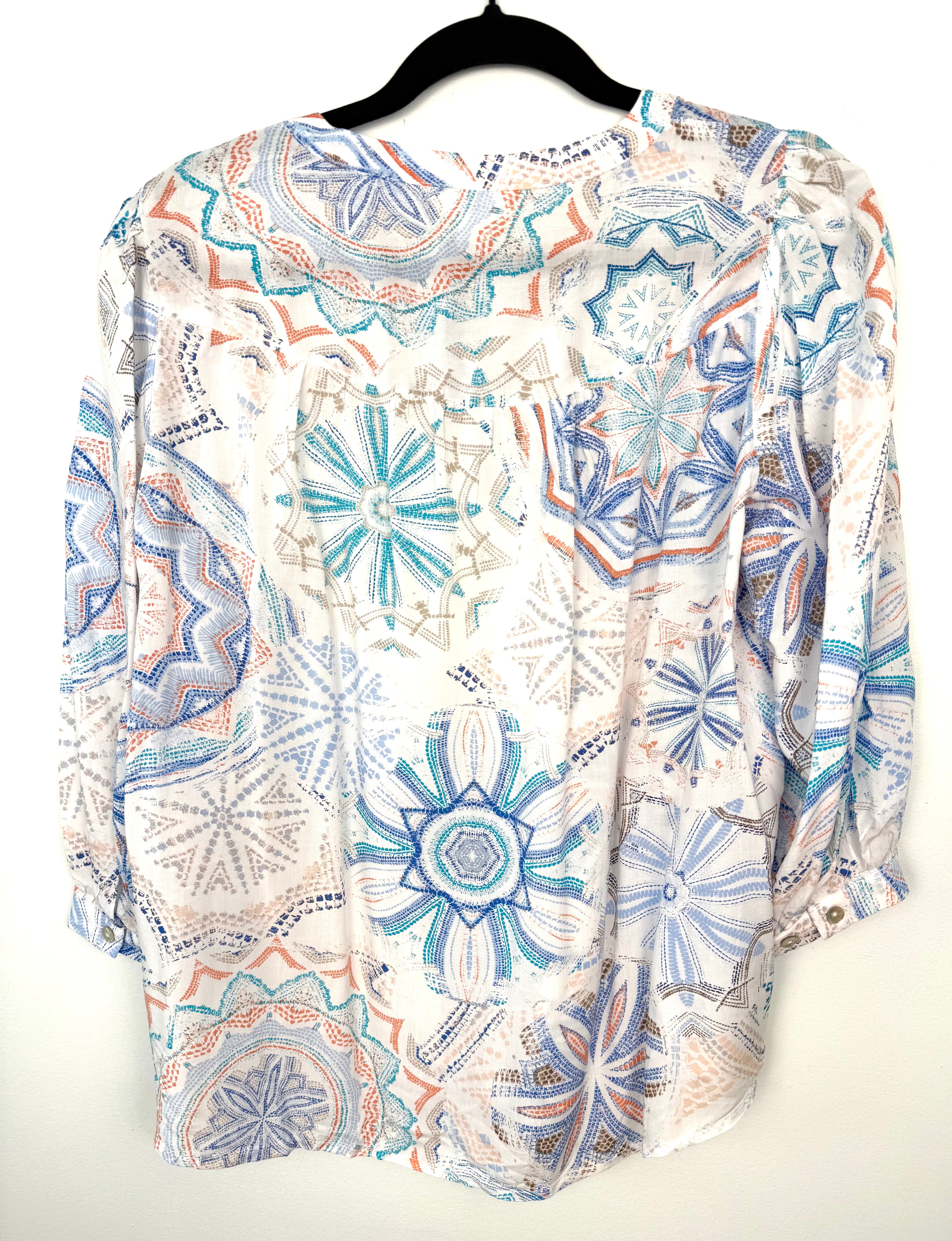 back of NWT Northern Reflections Mandala Print Blouse | Size M at Blue Sparrow Shop compare at $69.99 on hanger