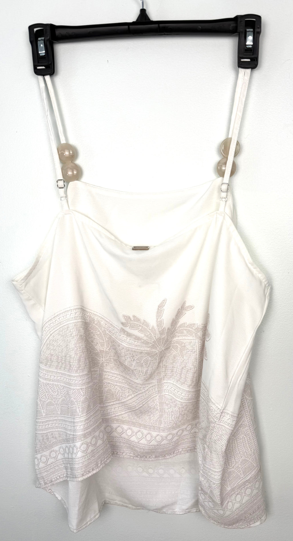 back of NWT Palm Tree Embroidered Cami | Size L at Blue Sparrow Shop on hanger
