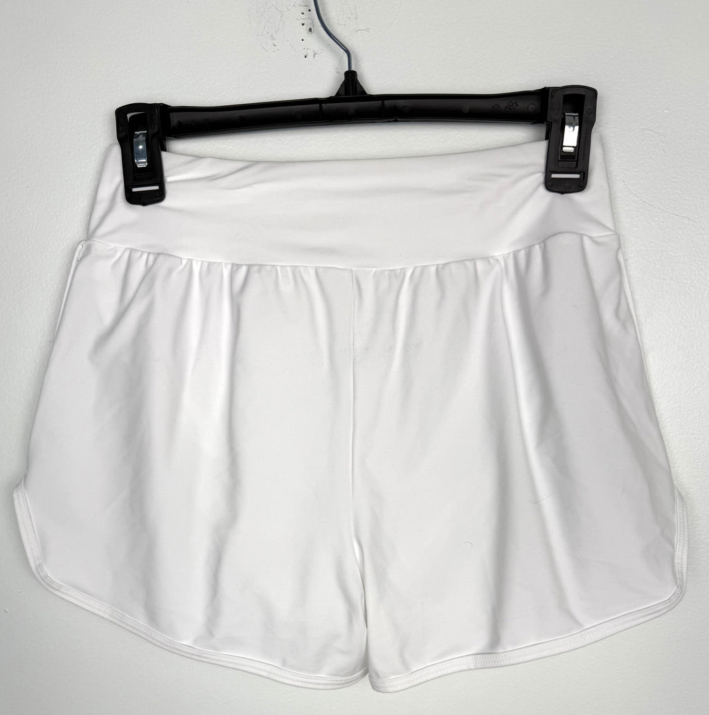 back of NWT white swim trunks size small compare at 79.99 at Blue Sparrow Resale Shop  on hanger
