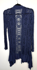 back of Navy Boho Crochet Open Front Cardigan | Size S at Blue Sparrow Shop on hanger