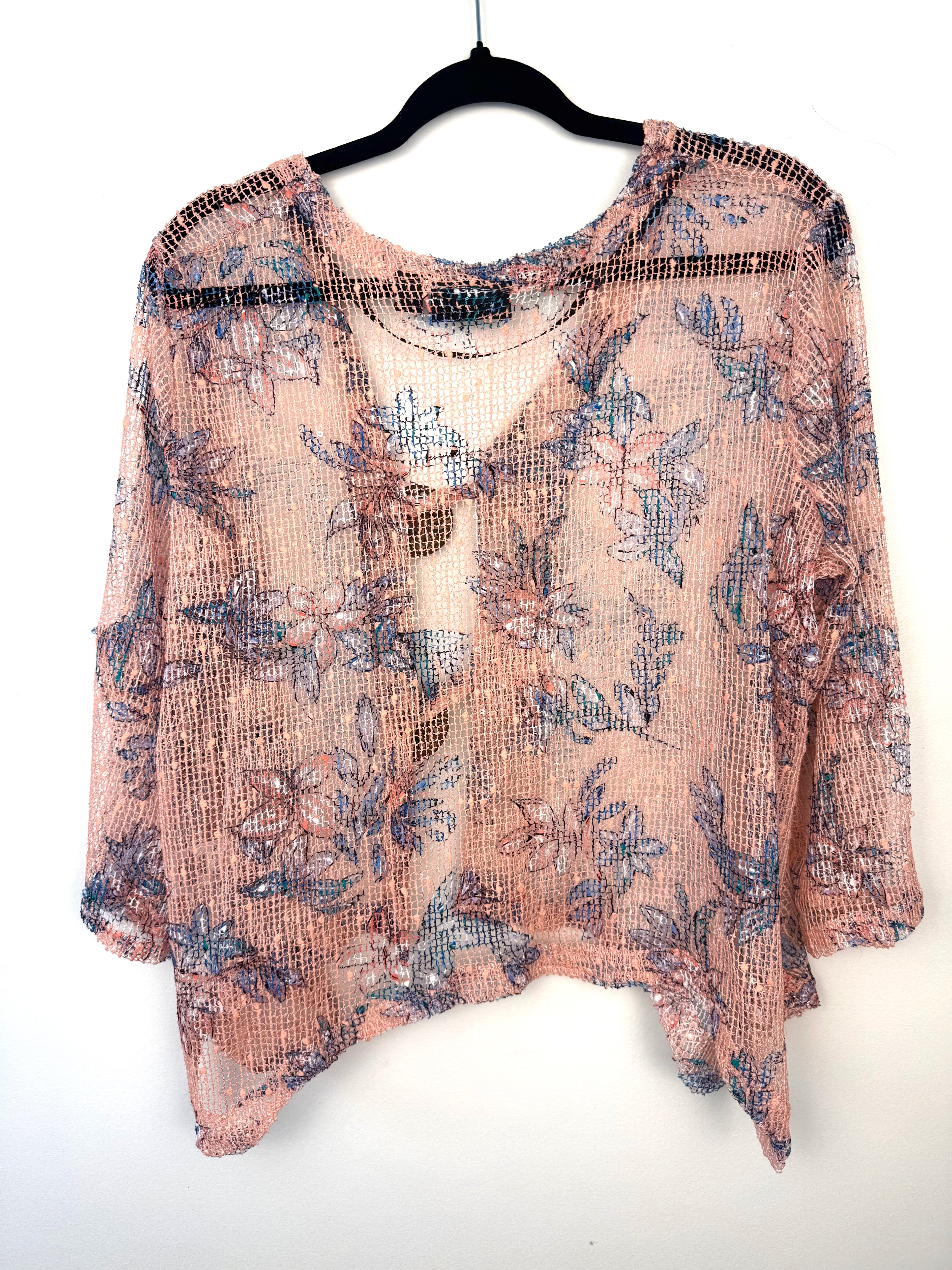 back of Nina Leonard Mesh Lightweight Cardigan| Size L at Blue Sparrow Shop  on hanger
