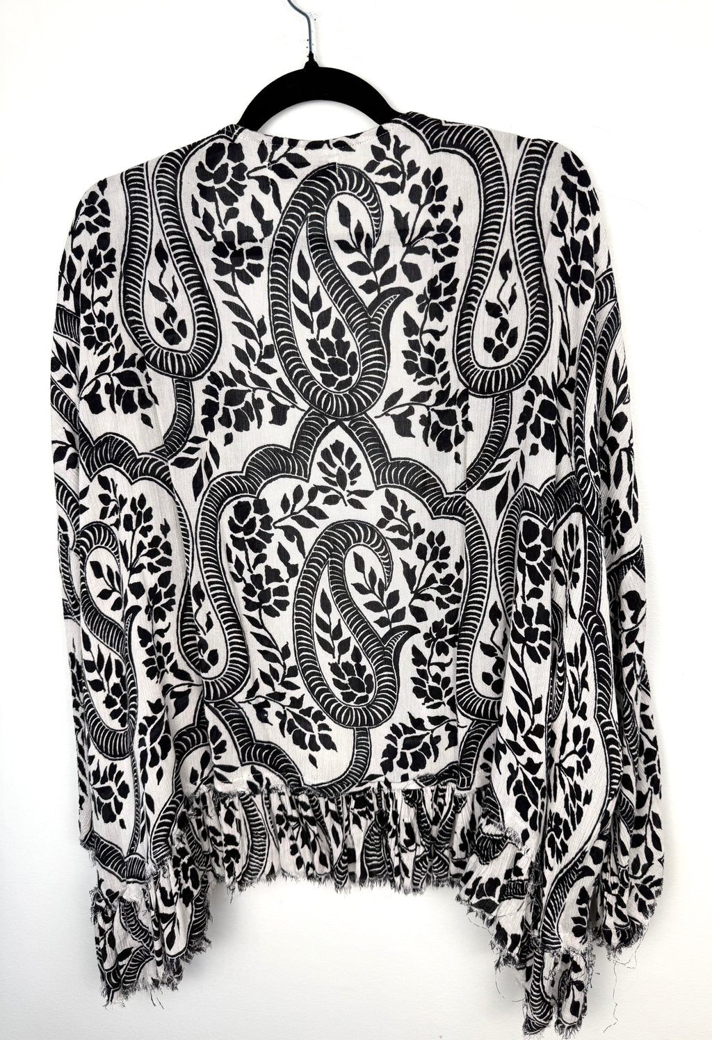 back of Nine West Paisley Kimono Cardigan | Boho Layering Piece | Resort Wear Cover Up at Blue Sparrow Shop on hanger