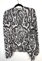 back of Nine West Paisley Kimono Cardigan | Boho Layering Piece | Resort Wear Cover Up at Blue Sparrow Shop on hanger