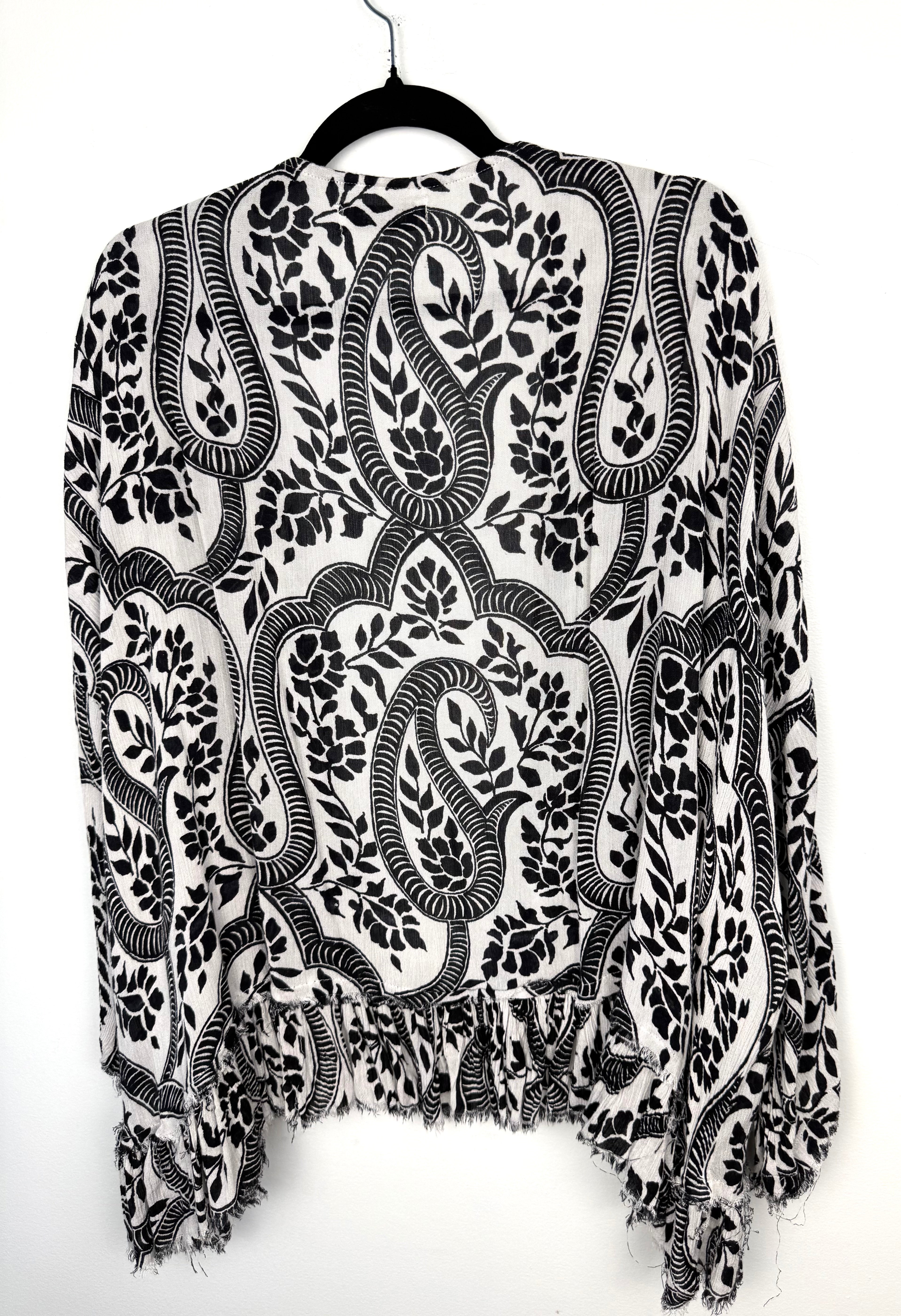 back of Nine West Paisley Kimono Cardigan | Boho Layering Piece | Resort Wear Cover Up at Blue Sparrow Shop on hanger