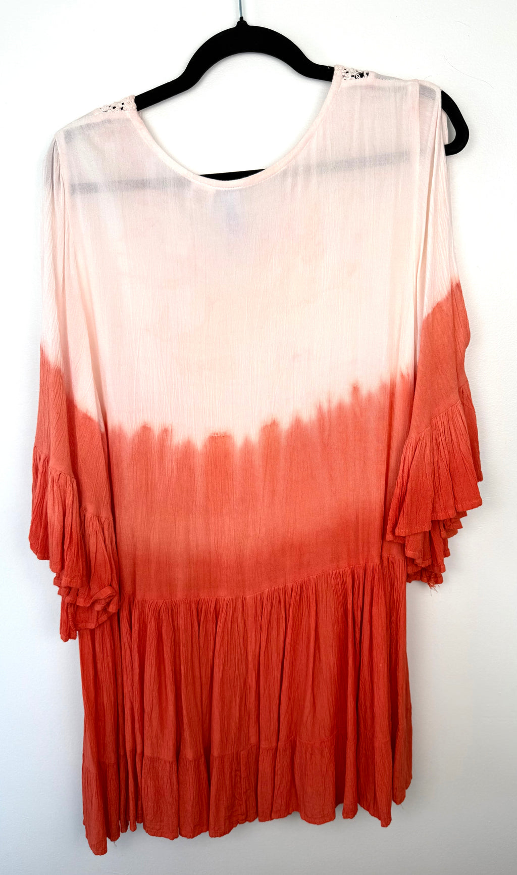 back of Ombre Boho Tunic Dress - 100% Rayon with Crochet Detail Size Medium at Blue Sparrow Shop on hanger
