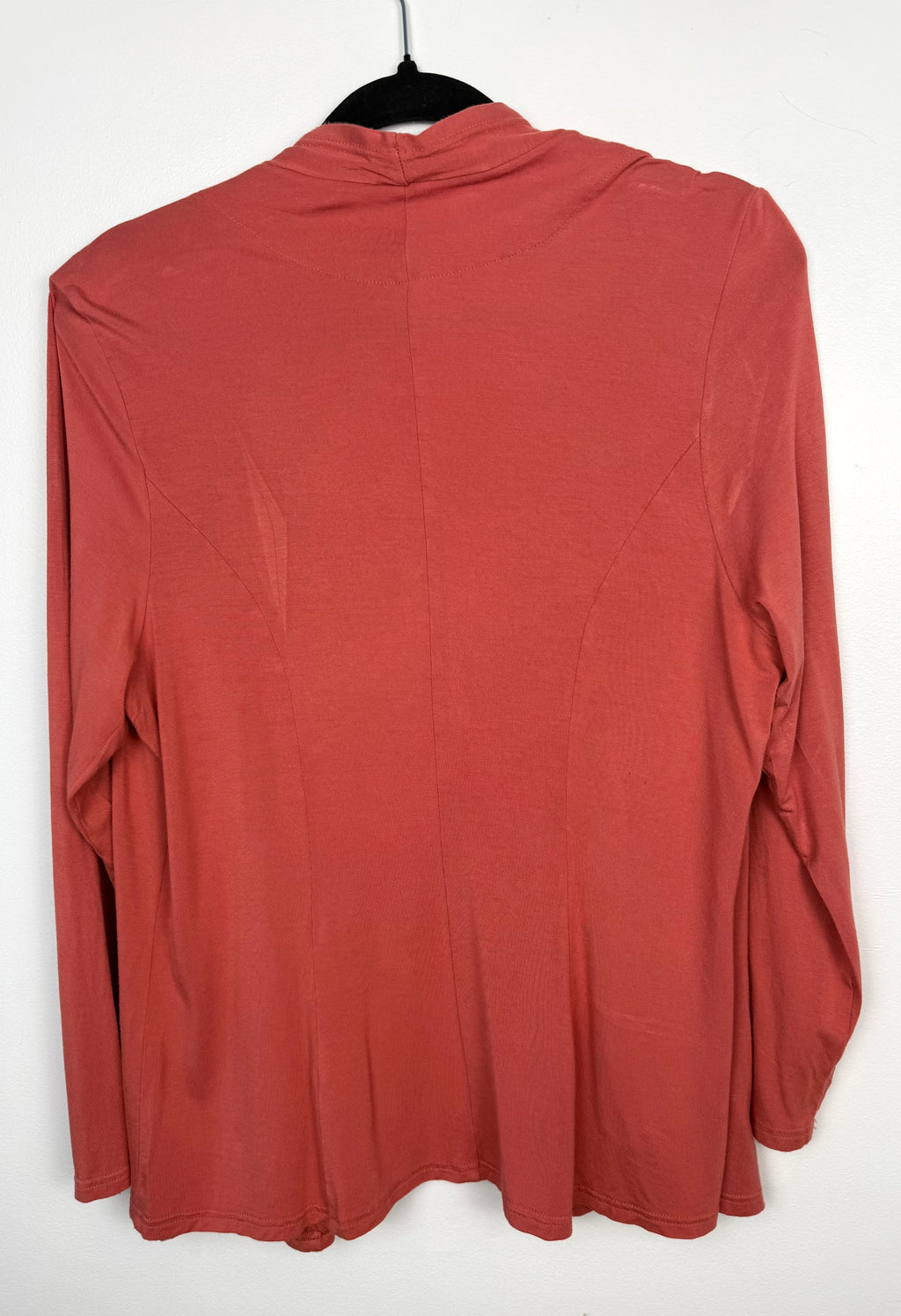 back of Orange Fashion Village terracotta rust bamboo viscose open-front duster cardigan size L/XL — Blue Sparrow sustainable pre-loved fashion