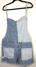 back of Oversized Celebrity Pink Patchwork Denim Shortalls   on hanger