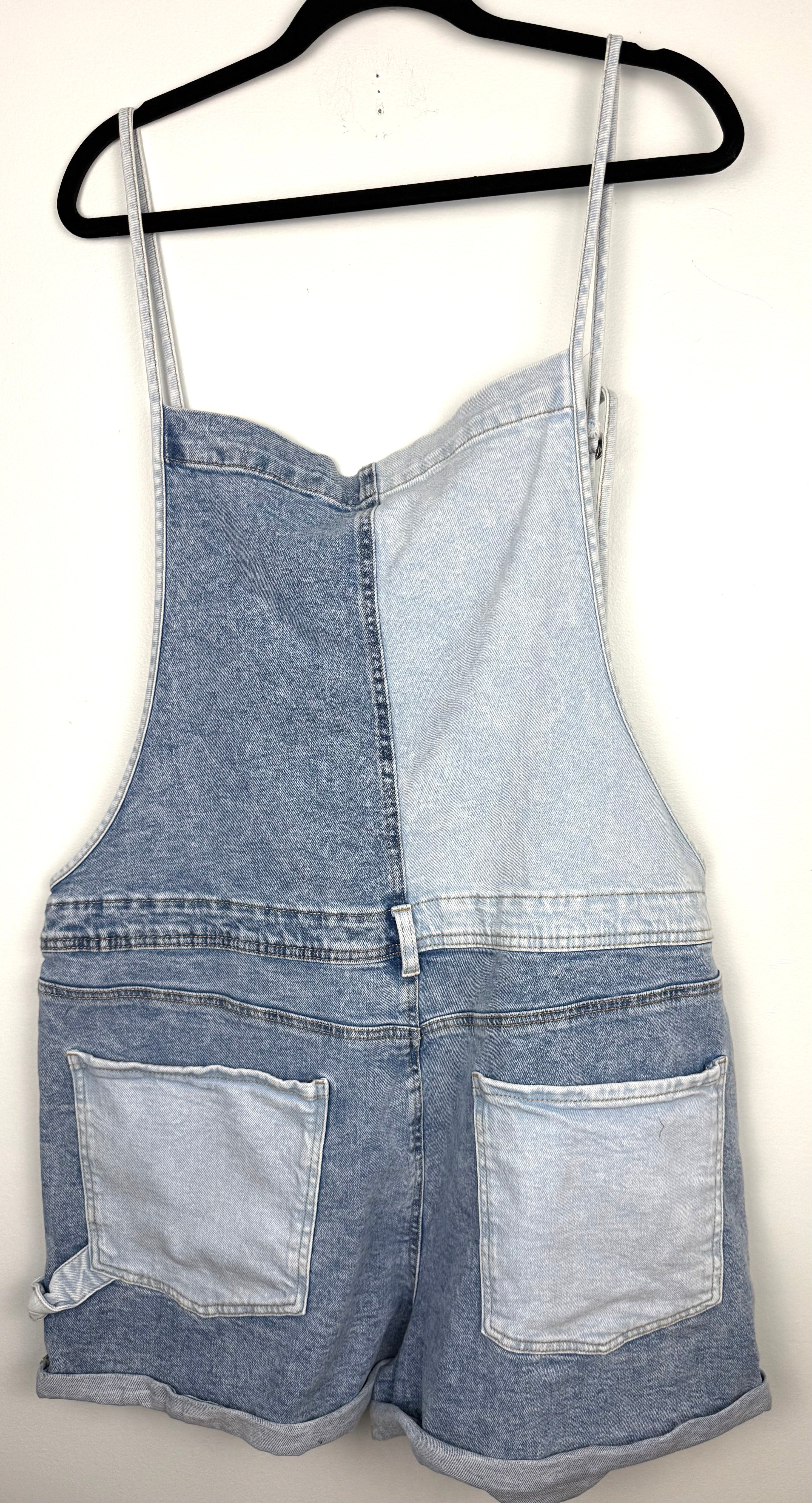 back of Oversized Celebrity Pink Patchwork Denim Shortalls   on hanger