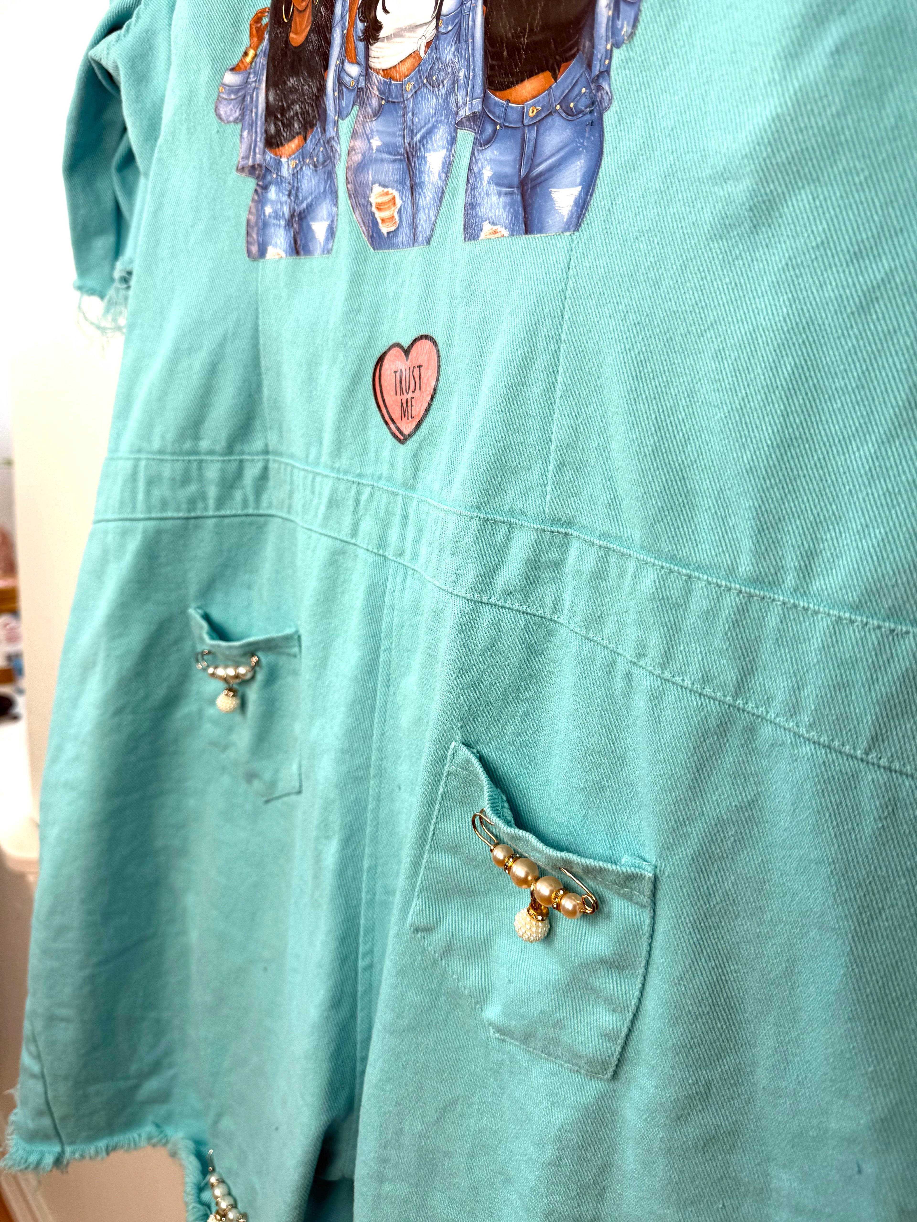 back of Oversized Turquoise denim romper 