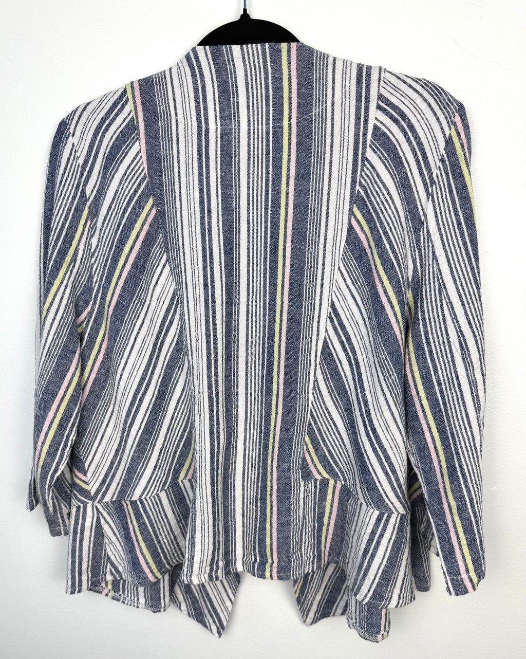 back of Picadilly Canada linen blend jacket with striped pattern for spring and summer  on hanger
