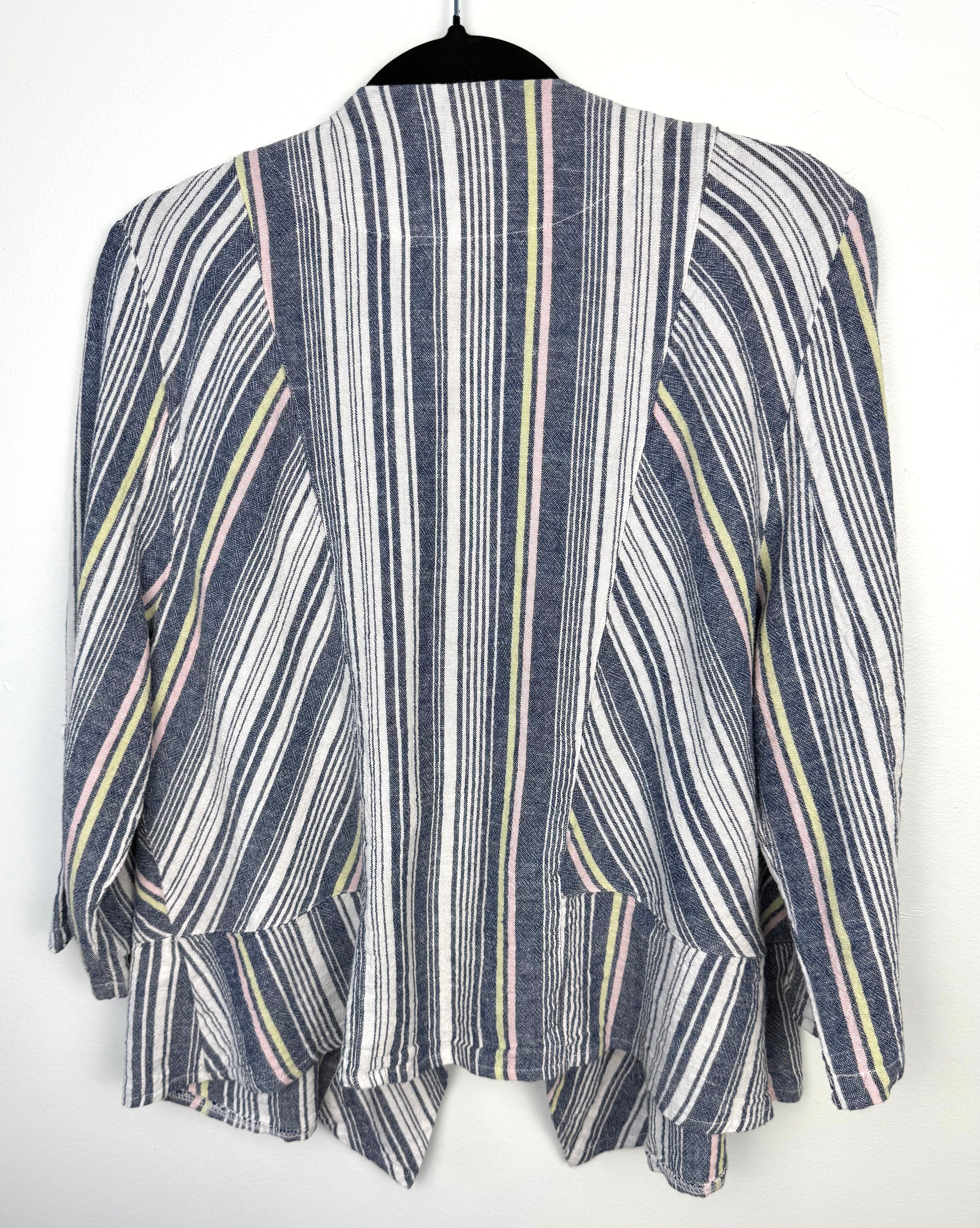 back of Picadilly Canada linen blend jacket with striped pattern for spring and summer  on hanger