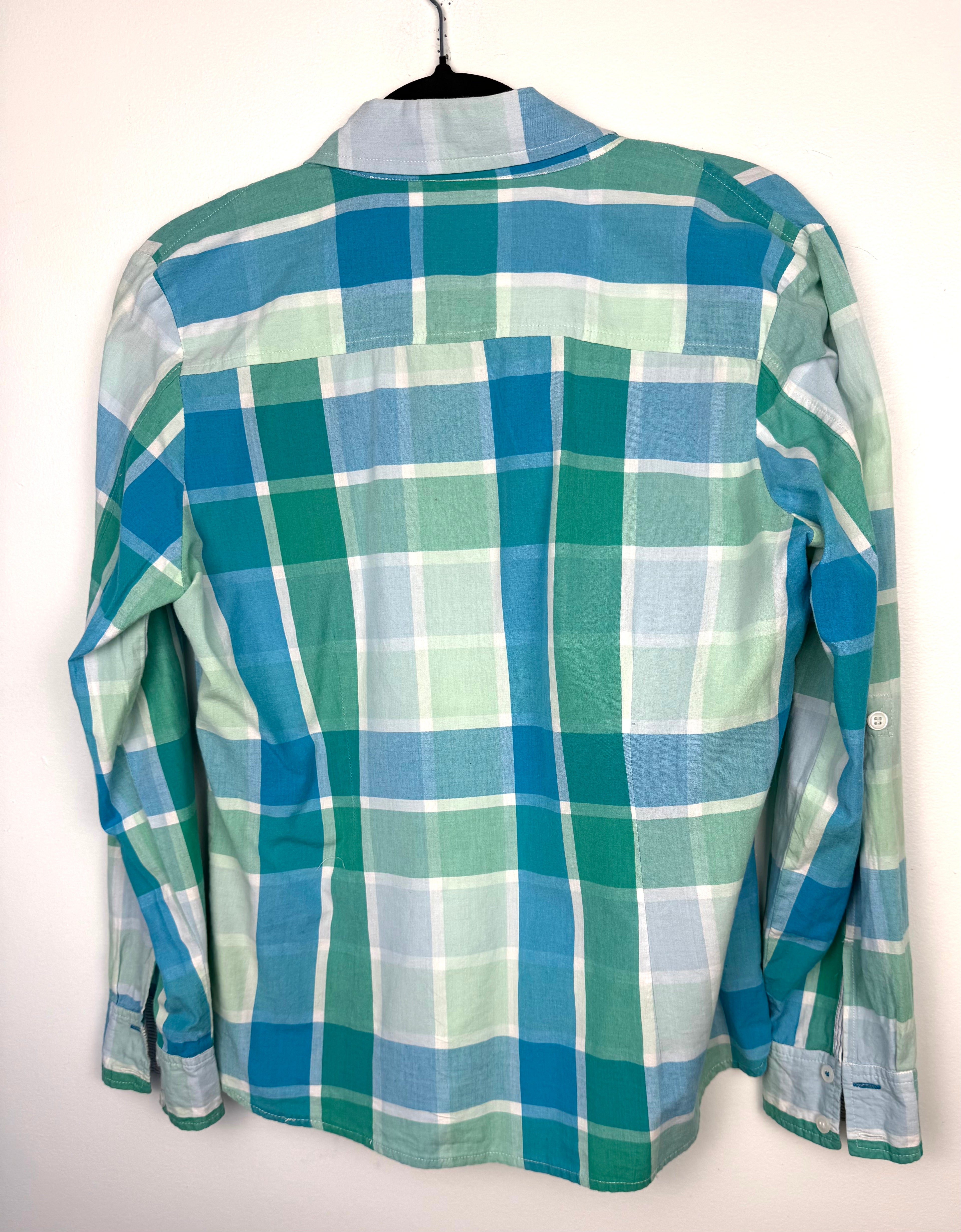 back of Resale 100% Cotton Juli Plaid Button Front Shirt | Aqua Coastal Casual Top at Blue Sparrow Shop