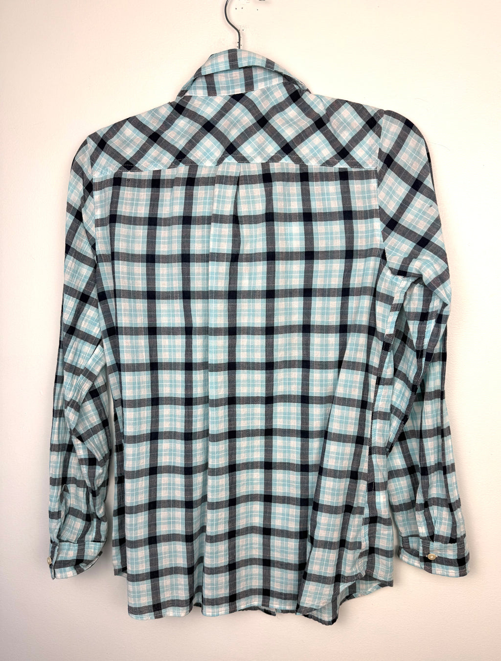 back of Resale 99% Cotton Eddie Bauer Plaid Button Front Shirt at Blue Sparrow Shop on hanger
