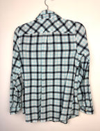 back of Resale 99% Cotton Eddie Bauer Plaid Button Front Shirt at Blue Sparrow Shop on hanger