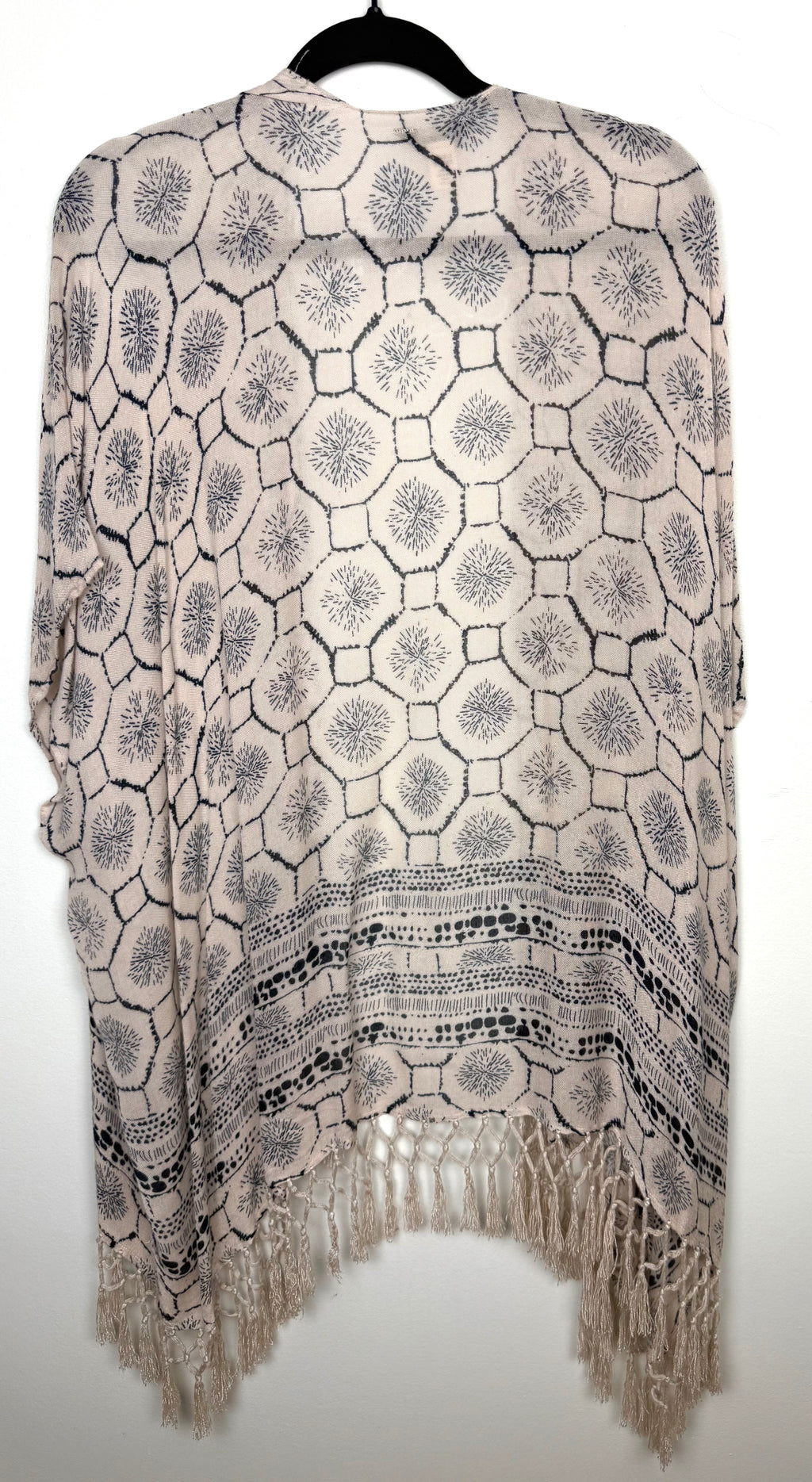 back of Roots Canada Lightweight Geometric Print Fringe Kimono | One Size at Blue Sparrow Shop