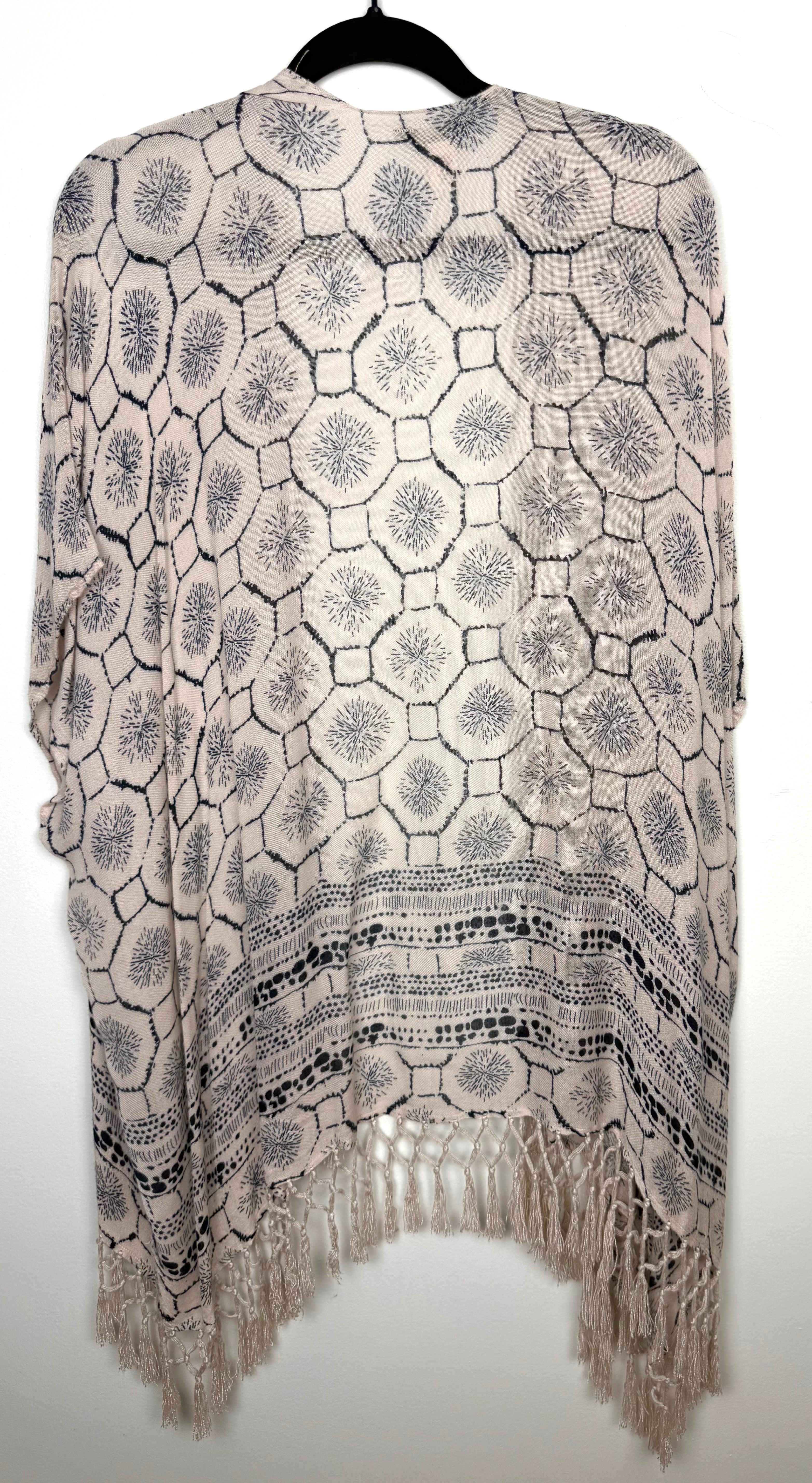 back of Roots Canada Lightweight Geometric Print Fringe Kimono | One Size at Blue Sparrow Shop