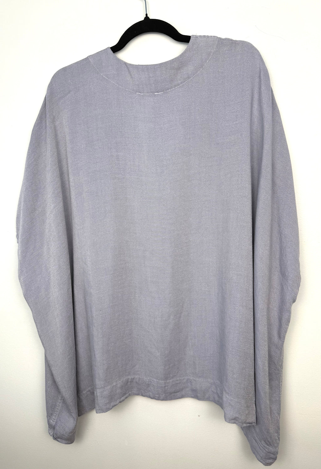 back of Roots oversized cardigan or kimono in denim blue  on hanger