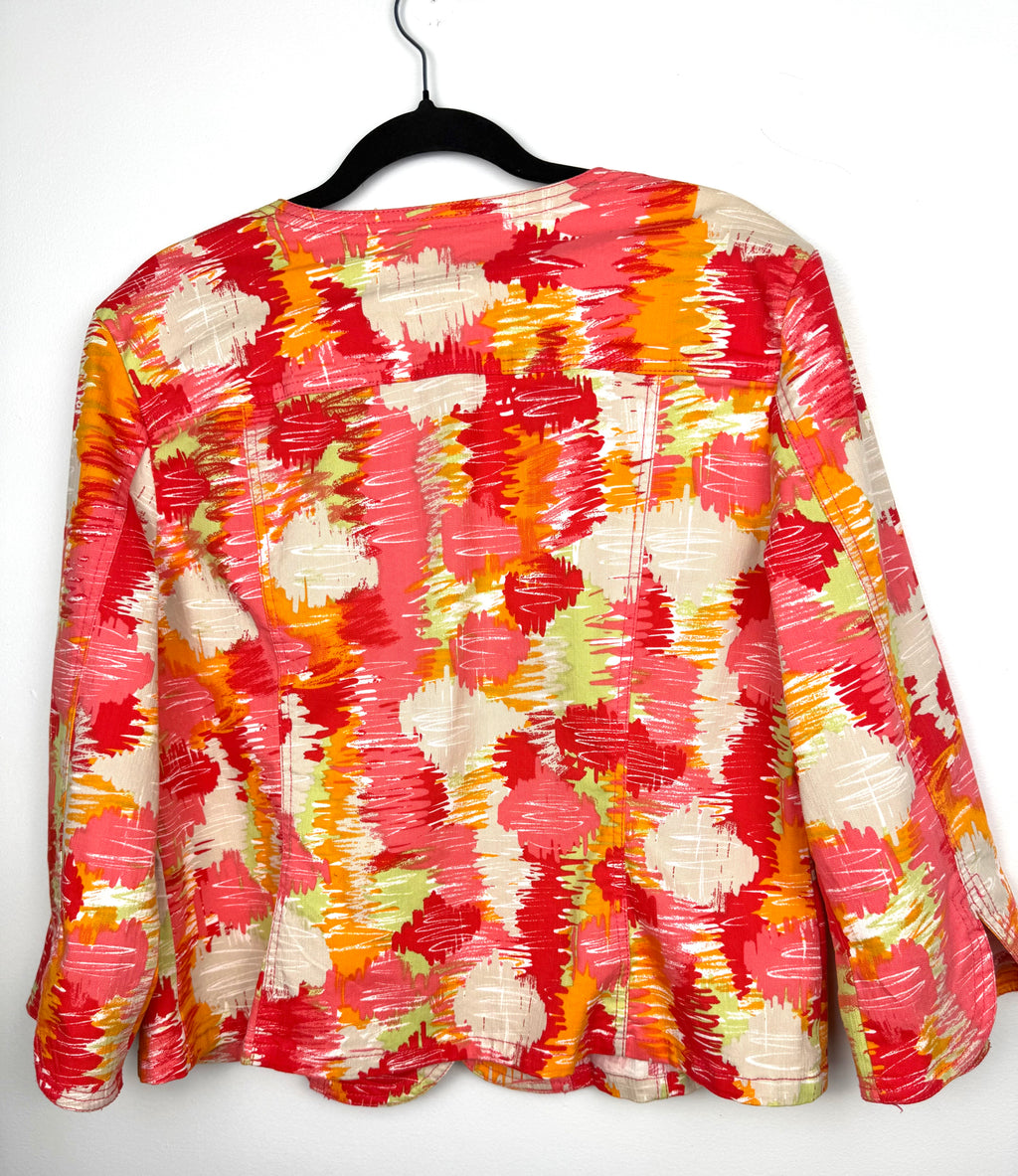 back of Ruby Red Multi Coloured denim style jacket  on hanger